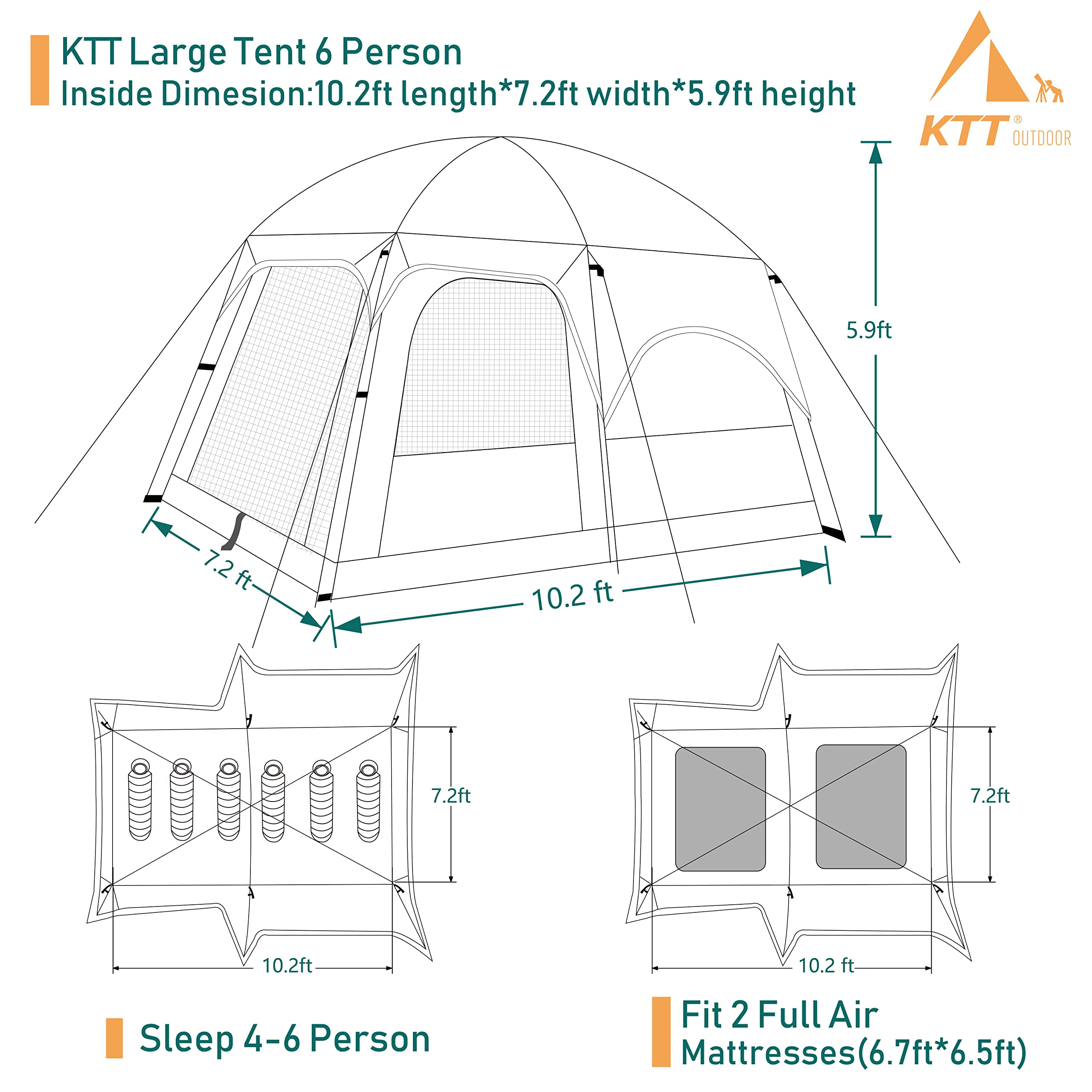 KTT Large Family Cabin Tent for 6-8 People - Waterproof Straight Wall Design with 3 Doors & 3 Mesh Windows - Spacious Outdoor Camping Tent for Picnics, Family Gatherings & Friends Trips - Perfect for Backyard, Beach & National Park Adventures
