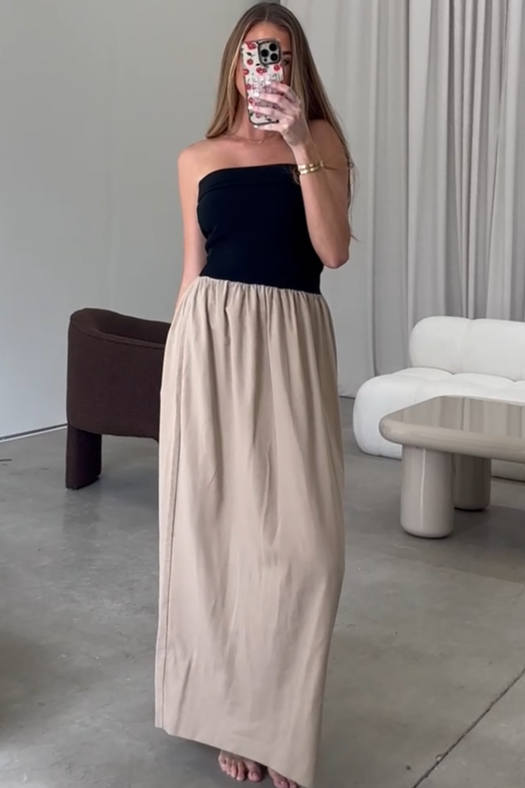 Kaylee Linen and Ribbed Knit Maxi Dress for Women - Black/Tan - Summer Beach Wedding, Vacation & Casual Wear