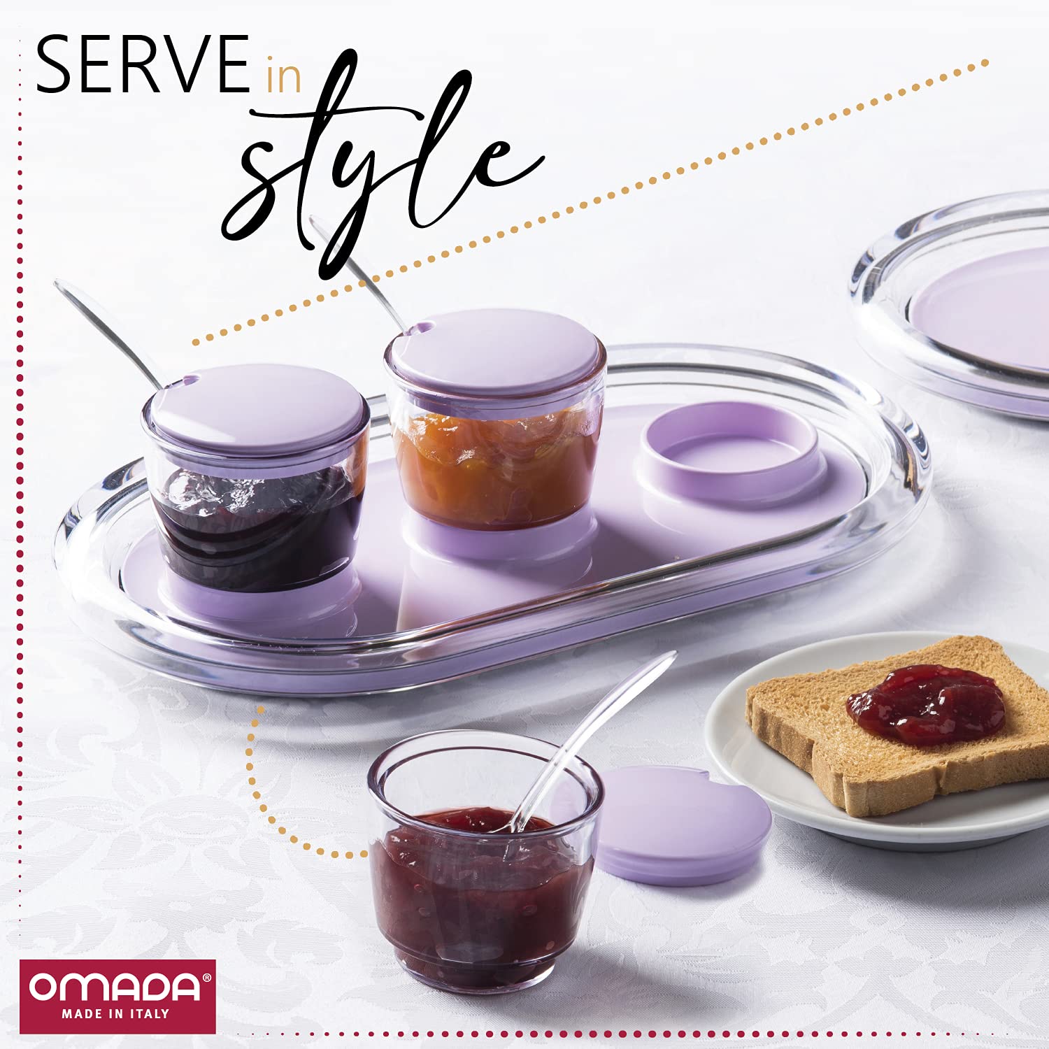 Omada Kitchen Condiment Tray Set with Spoons & Lids - 6-Piece Small Containers for Coffee, Sugar, Salt, Spices - Red & Clear Glass Jars for Kitchen Countertop, Dining Table Décor & Party Serving