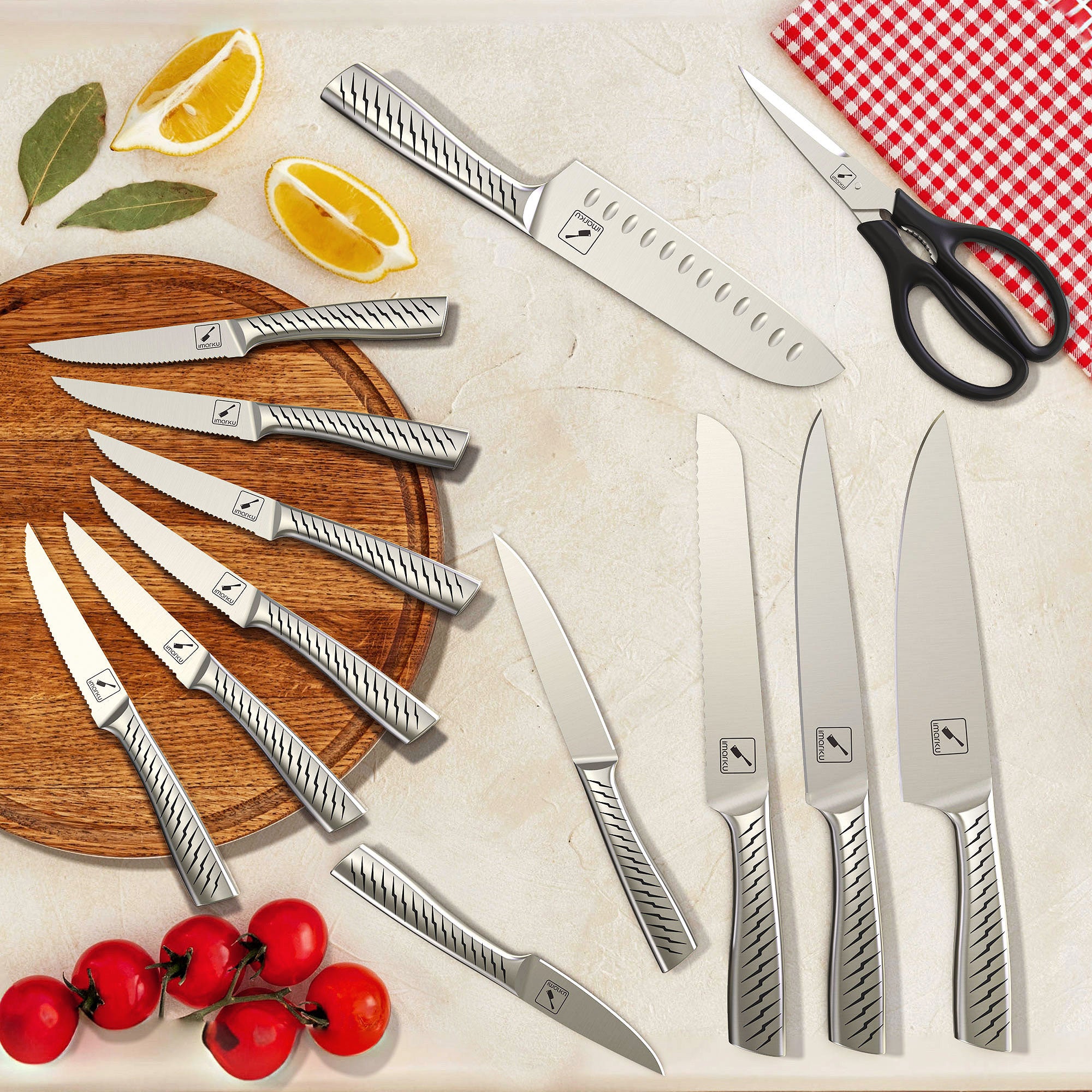 14-Piece Stainless Steel Knife Set with Lightning Pattern - Professional Kitchen Knives for Chefs & Home Cooking - Perfect for Slicing, Dicing & Food Prep | Imarku