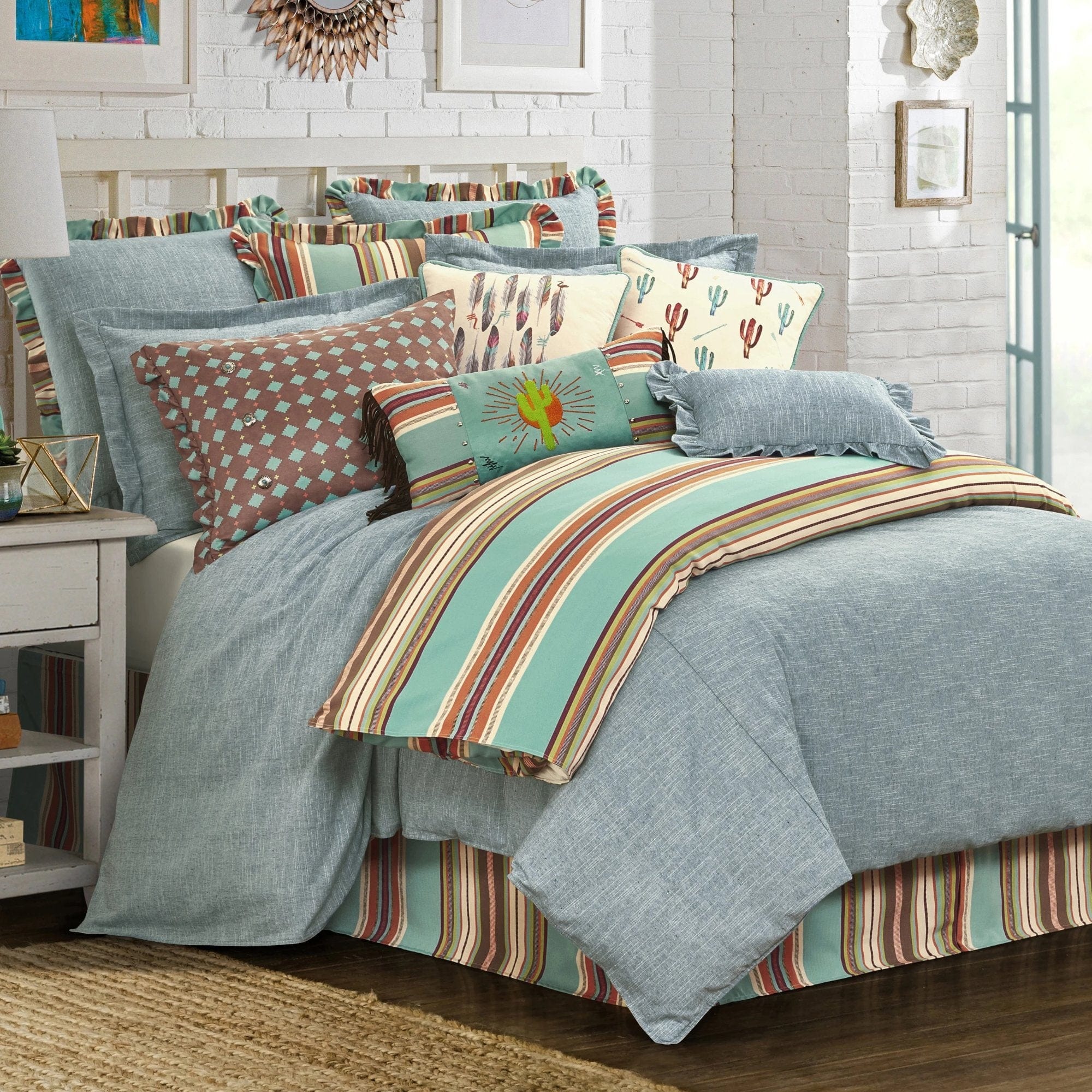 Turquoise Serape Bed Skirt - Southwestern Style Fitted Dust Ruffle for King, Queen & Twin Beds - Perfect for Boho, Farmhouse & Coastal Bedroom Decor