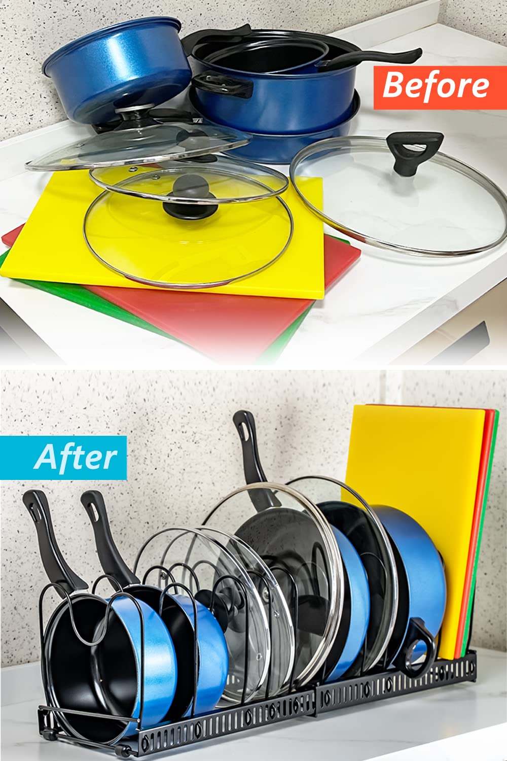 KLEVERISE 10-Slot Expandable Pot and Pan Organizer Rack - Heavy Duty Cast Iron Adjustable Kitchen Storage for Cabinets & Countertops - Space Saving Cookware Holder for Pots, Pans & Lids - Perfect for Small Kitchens, RV Cooking & Organized Pantries