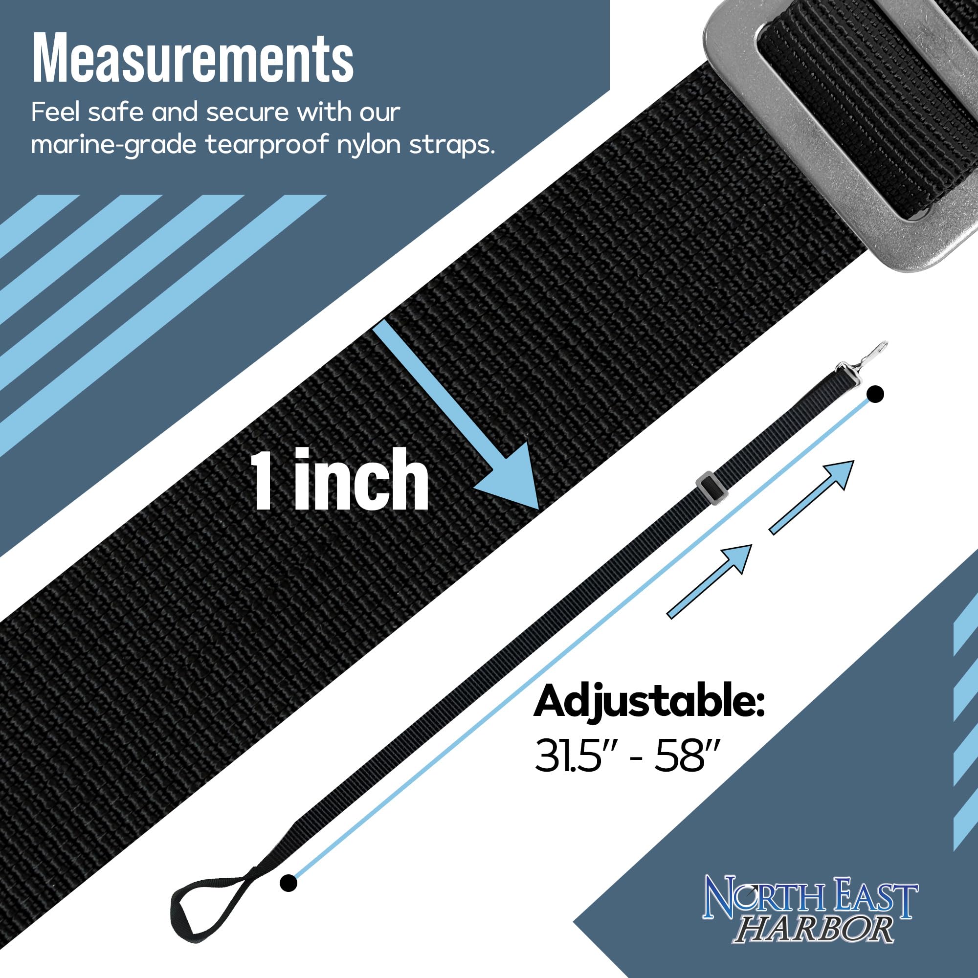 **KNOX Adjustable Boat Straps for Bimini Tops - Heavy Duty Marine Awning Straps with 316 Stainless Steel Snap Hooks - Replacement Nylon Webbing Straps for Boat Canvas & Bimini Top Accessories - Perfect for Boating, Yachting & Marine Use**
