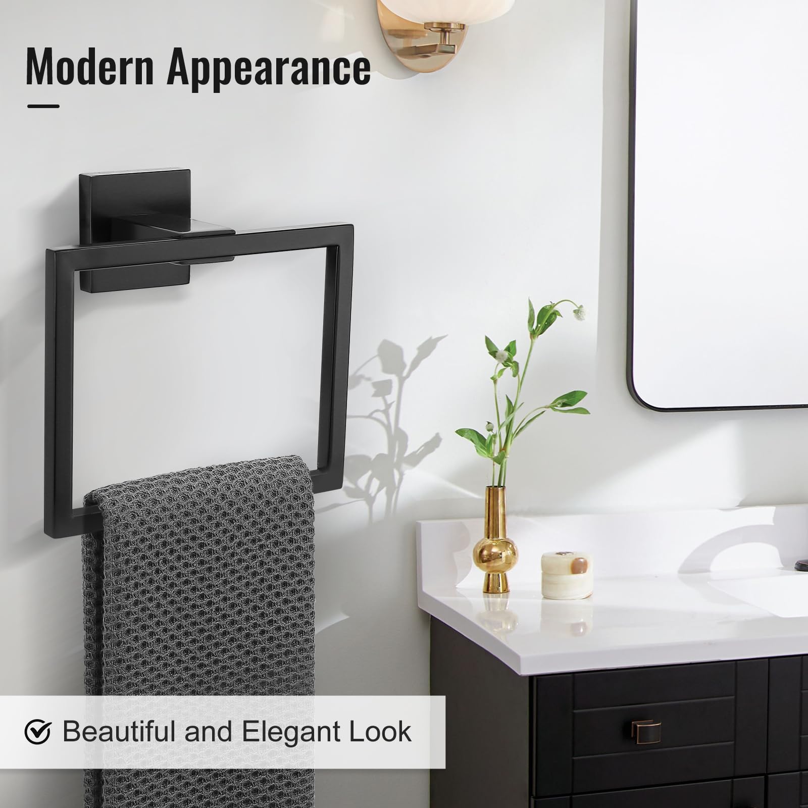 Stainless Steel Wall Mounted Towel Holder Ring - Matte Black Square Towel Rack for Bathroom, Kitchen & Lavatory | Durable Hand Towel Bar with Rustproof Design for Home & Hotel Use