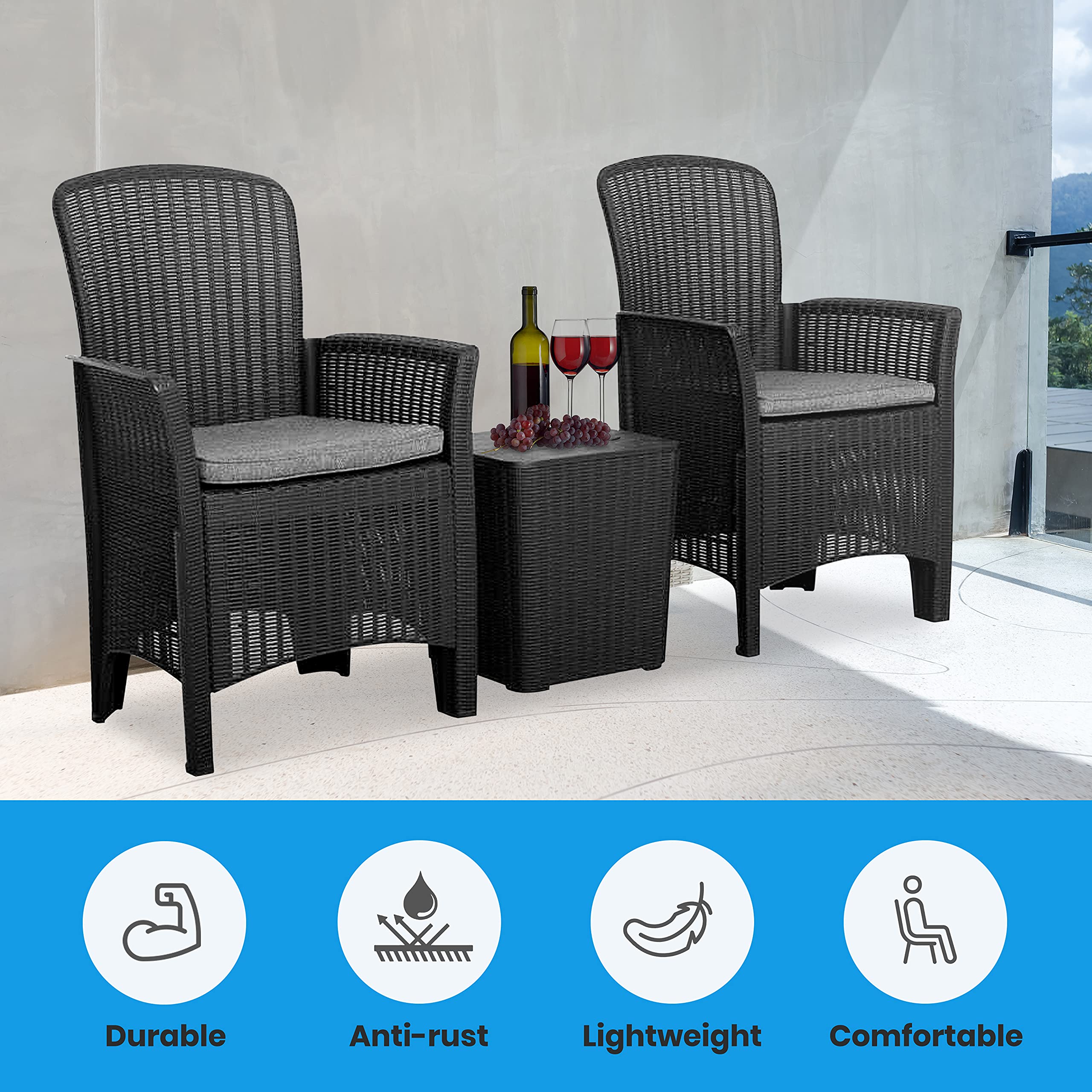 SereneLife 3-Piece Outdoor Patio Furniture Set - Black Rattan Wicker Chairs with Coffee Table, Bistro Conversation Set for Garden, Porch, Backyard & Poolside Relaxation
