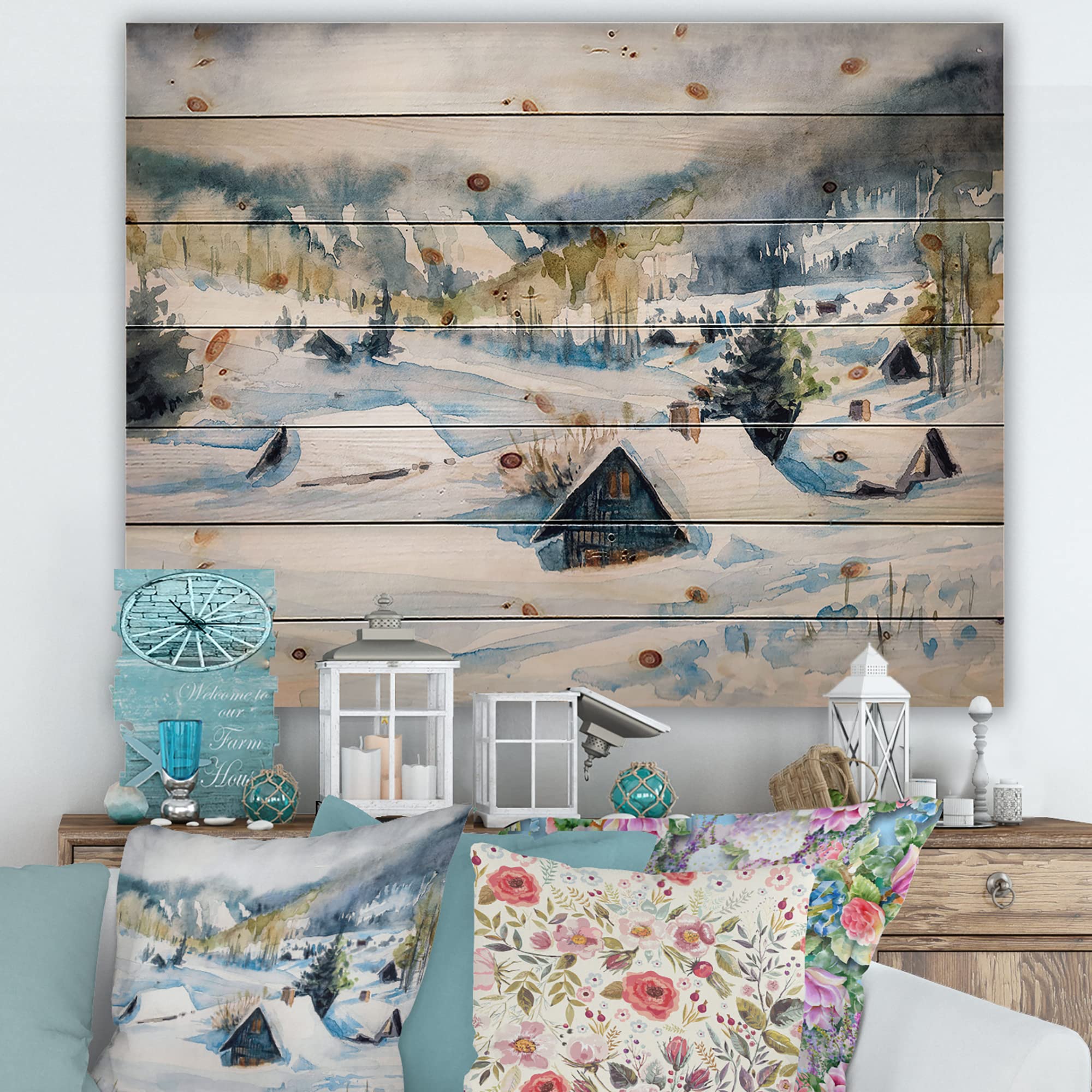 DesignQ Winter Mountain Village Traditional Wood Wall Art - Large Landscape Pine Wood Panel Decor for Living Room, Bedroom & Office