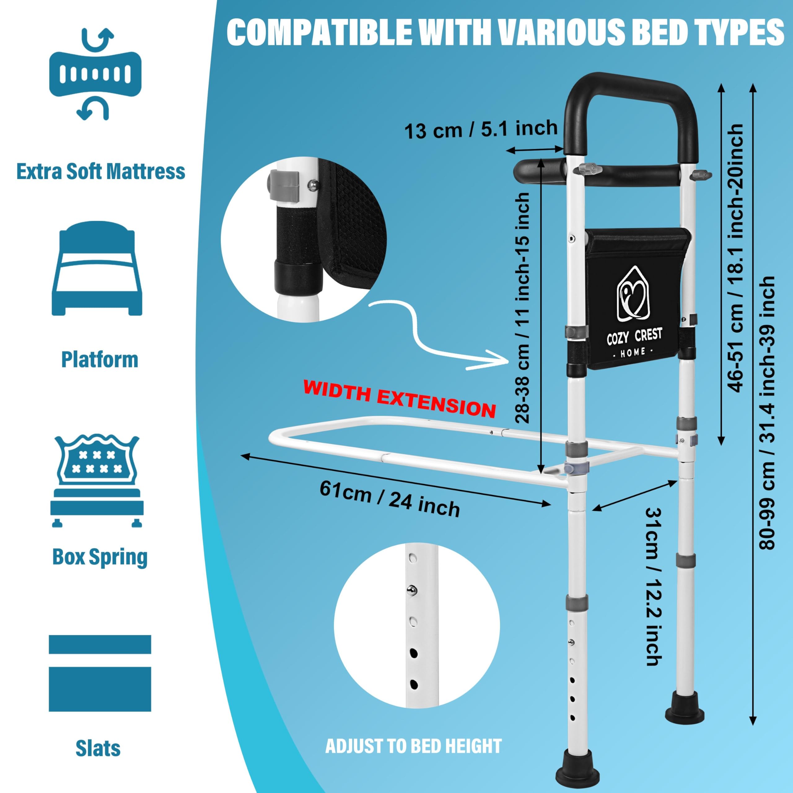 Adjustable Bed Rails for Elderly Adults - Safety Bed Assist Rail with Alarm, Non-Slip Handle & Storage Bag - Supports 300 lbs - Ideal for Home Care, Hospital & Senior Fall Prevention