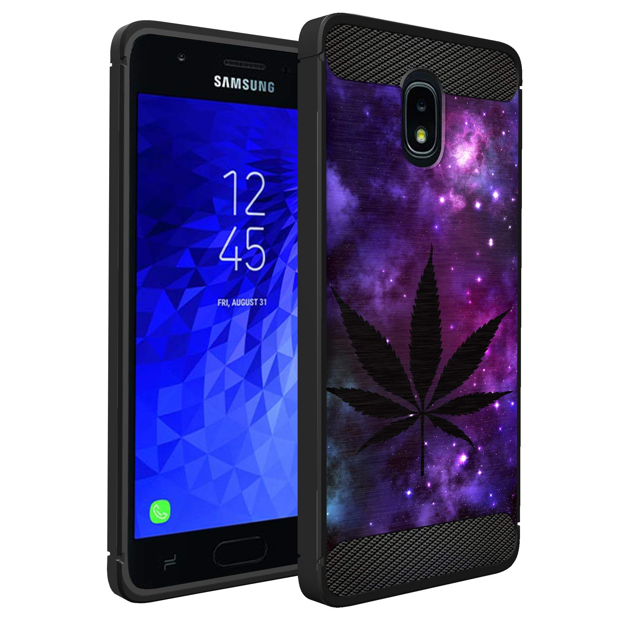 Premium Slim Black TPU Case for Samsung J3 (2018)/J3 Star/J3 Achieve/Express Prime 3/J3 Orbit/Amp Prime 3/Sol 3 - Shockproof Flexible Protective Cover with Purple Leaf Galaxy Design - Perfect for Everyday Use, Travel & Outdoor Activities