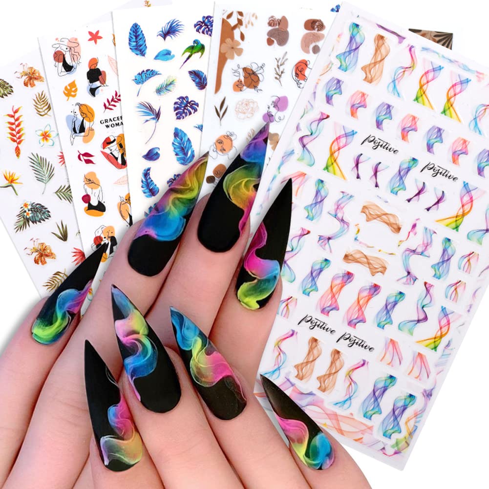 5 Sheets French Nail Art Stickers - Floral Leaves 3D Self-Adhesive Nail Decals for Women | Colorful Wavy Stripe & Abstract Leaf Designs | Perfect for Manicure, Pedicure, Nail Salon & DIY Home Nail Art