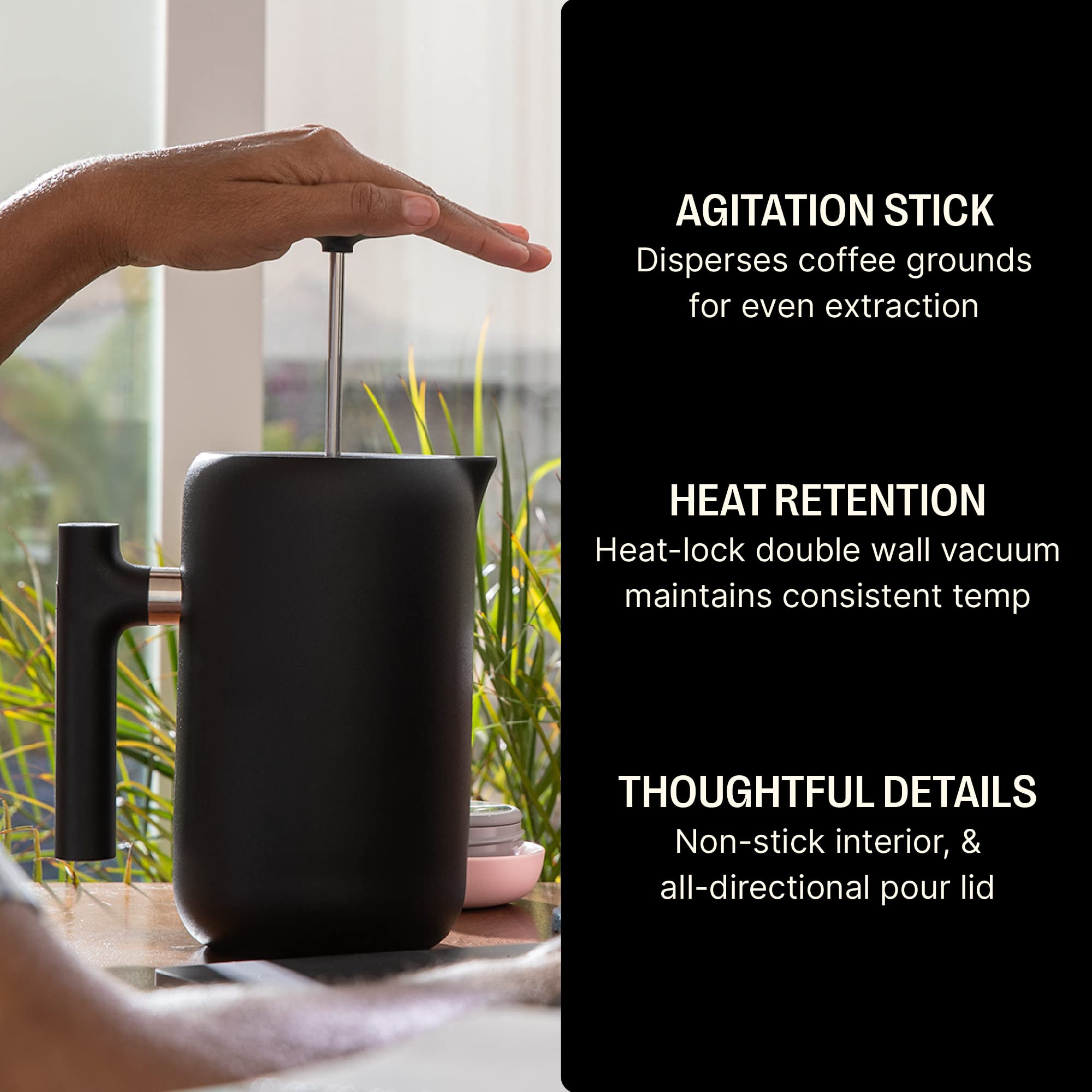 Fellow Clara Insulated French Press Coffee Maker - 24oz Stainless Steel Thermal Carafe with Enhanced Filtration System - Matte Black - Perfect for Home, Office & Travel Coffee Brewing