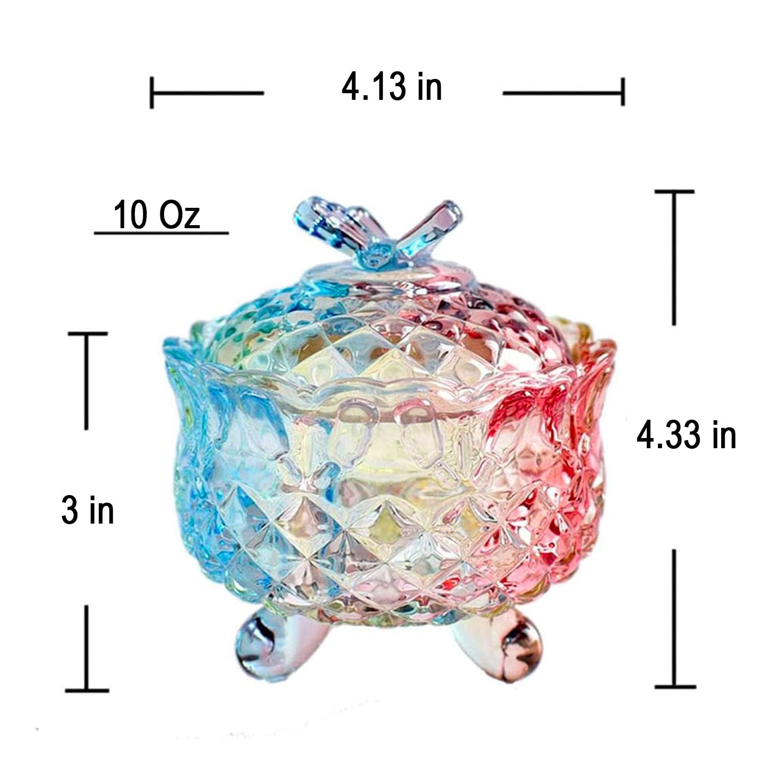 Royal Embossed Crystal Candy Box with Lid - Elegant Footed Jewelry Storage, Candy Jar, Cookie Jar for Weddings, Parties & Kitchen Organization - 10oz Rainbow Glass Container - Perfect for Candy Buffets, Gift Packaging & Home Decor