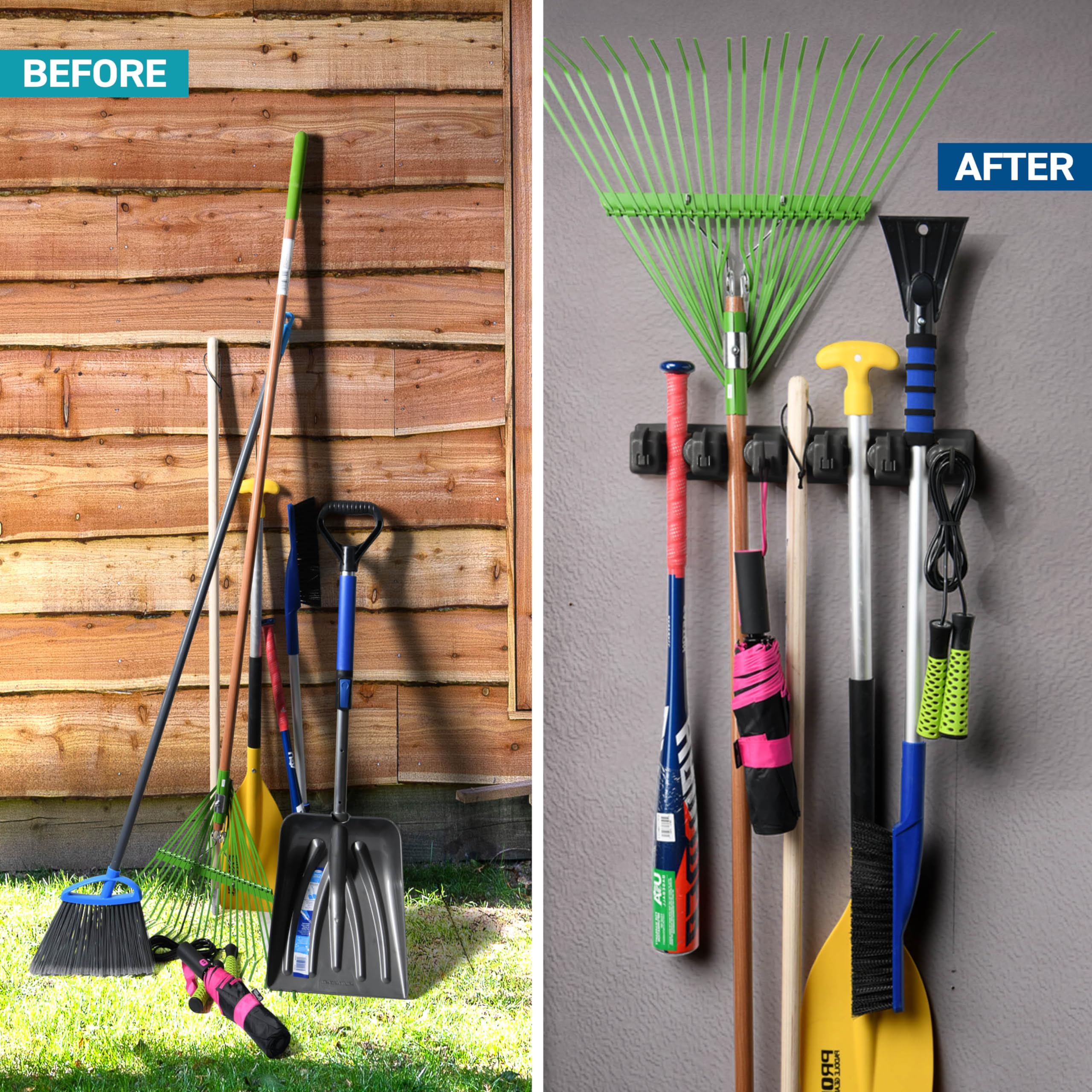 2 Pack Heavy Duty Wall Mount Mop and Broom Holder - 5 Slots & 6 Hooks Garage Storage Organizer with 7.5lbs Capacity Per Slot - Space Saving Solution for Home, Kitchen, Closet, Laundry Room - Perfect for Brooms, Mops, Rakes and Cleaning Tools (Black)