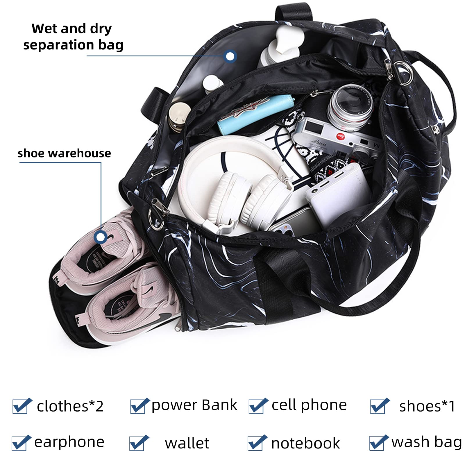 Premium Gym Bag for Men & Women - Large Duffle Bag for Travel, Sports, Workout with Separate Wet/Dry Compartment & Shoe Pocket (Black) - Ideal for Gym, Travel, Yoga & Sports Activities