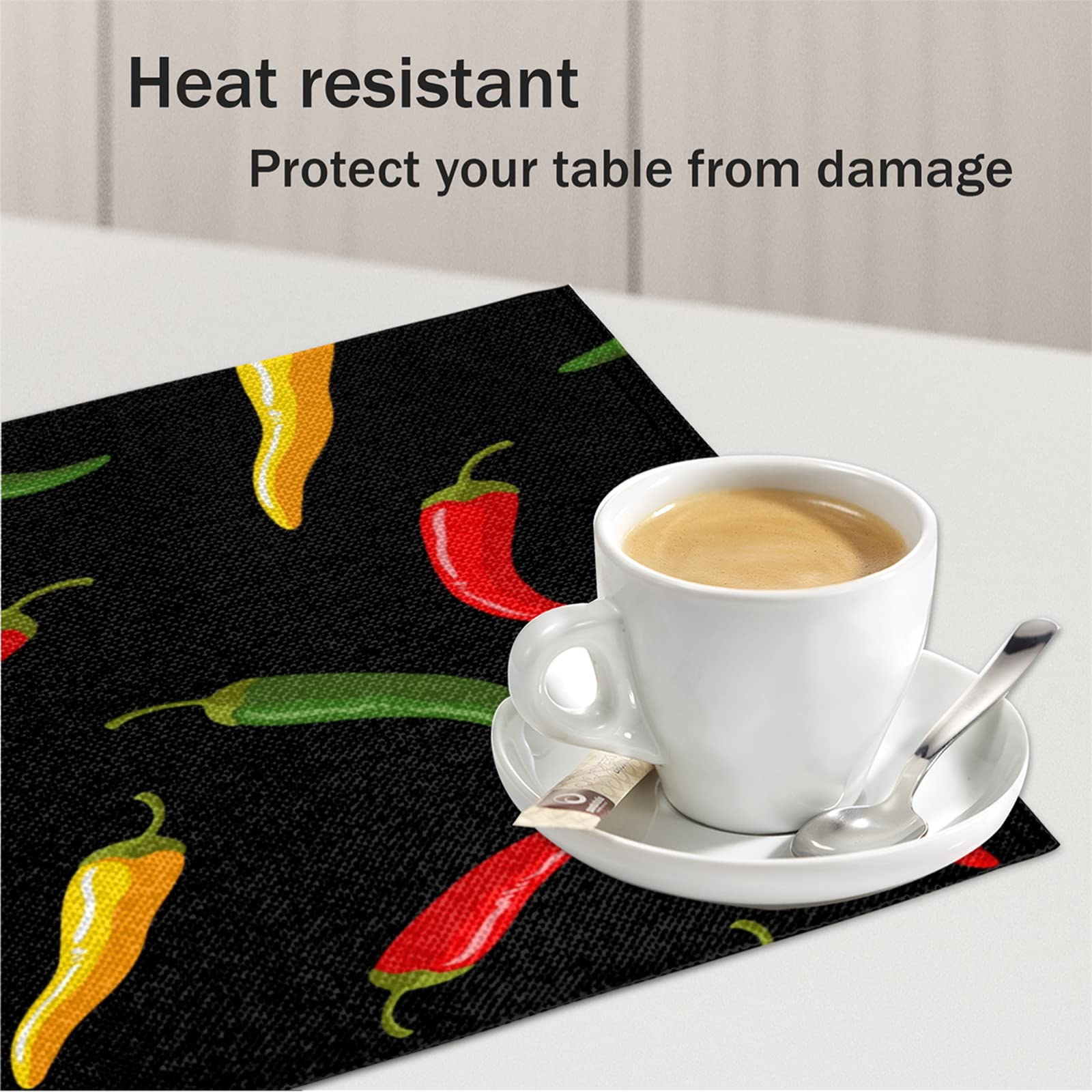 Vibrant Chili Pepper Placemats Set of 6 - Red, Yellow & Green Double-Sided Heat-Resistant Table Mats - Washable Kitchen Decor for Holiday Parties, Farmhouse Dining & Everyday Use