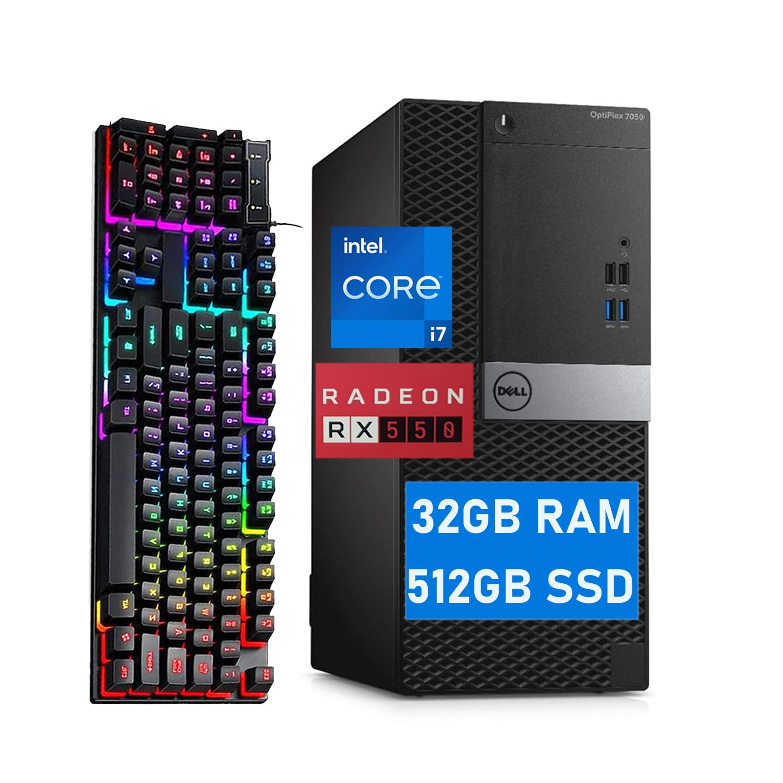 Refurbished Dell Optiplex 7050 MT Tower Desktop PC - Intel Core i7-6700, 32GB RAM, 512GB SSD, AMD RX550 Graphics, RGB Keyboard, Windows 10 Pro | 4K Gaming & Business Workstation for Home Office & Professional Use