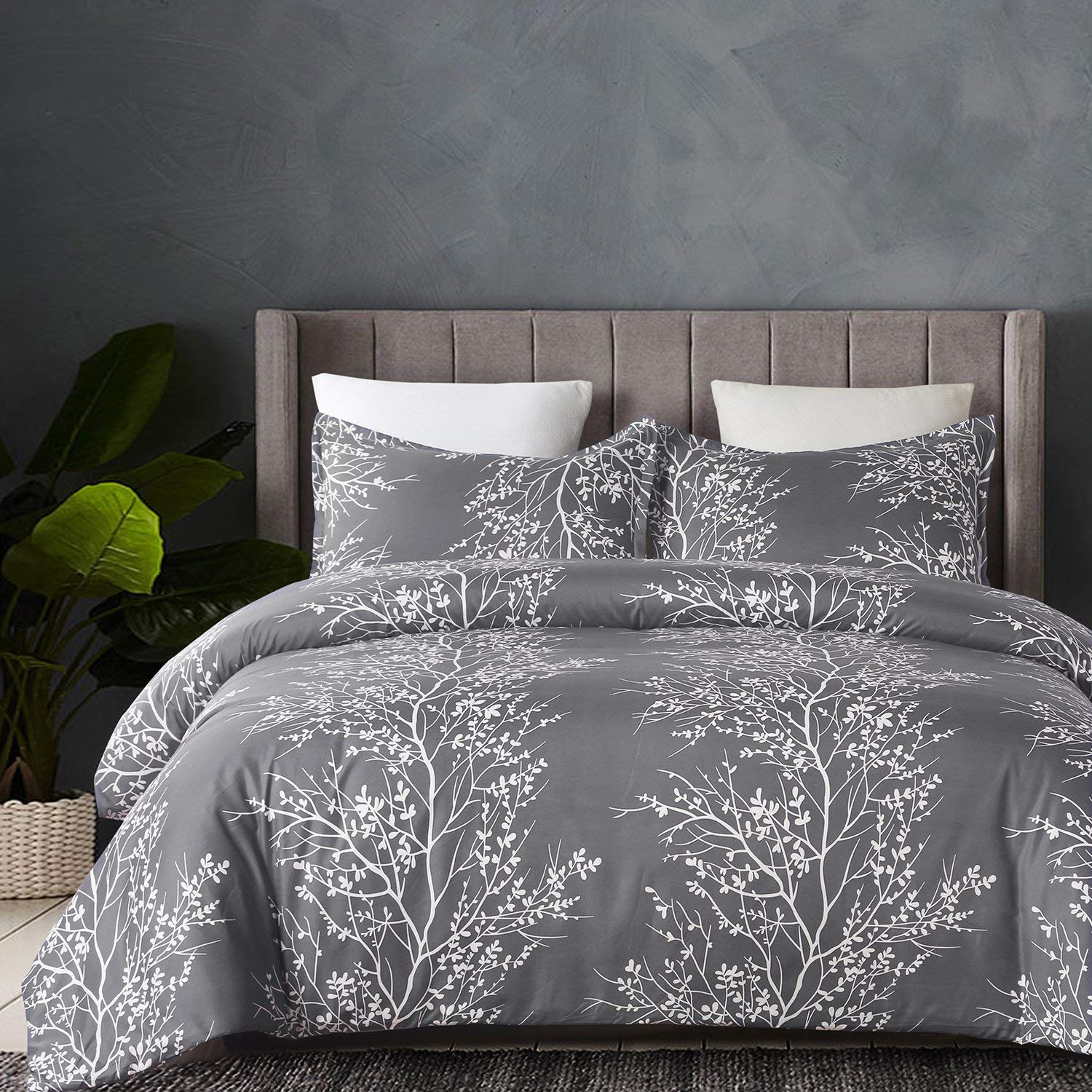Vaulia Soft Microfiber Duvet Cover Set King Size - Grey & White Floral Branch Design, 3-Piece Bedding (Duvet Cover + 2 Pillow Shams) | Breathable & Wrinkle-Resistant for Luxurious Bedroom Decor