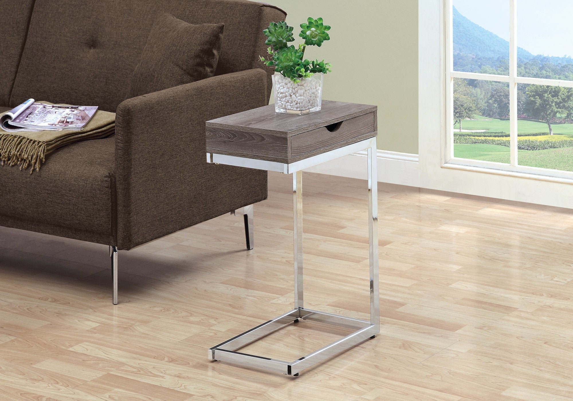 Modern Chrome Metal & Dark Taupe Accent Table with Storage Drawer - Perfect for Living Room, Bedroom, or Entryway Decor