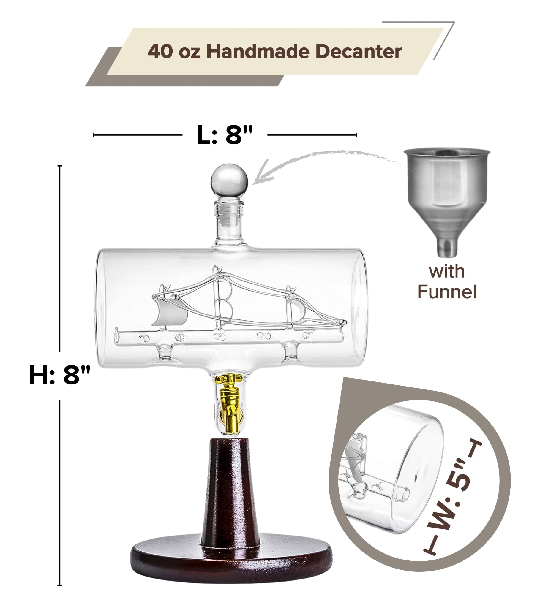 Premium Handcrafted 38oz Whiskey Decanter Set - Glass Liquor Dispenser with Wooden Stand, Bar Funnel & Ship Design - Perfect for Home Bars, Gifts & Whiskey Enthusiasts