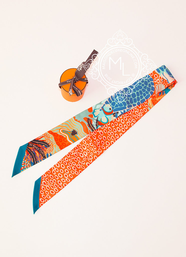Hermes Silk Twilly Scarf - Blue & Orange Under the Waves Design - Perfect for Handbags, Hair Accessories & Gift Giving