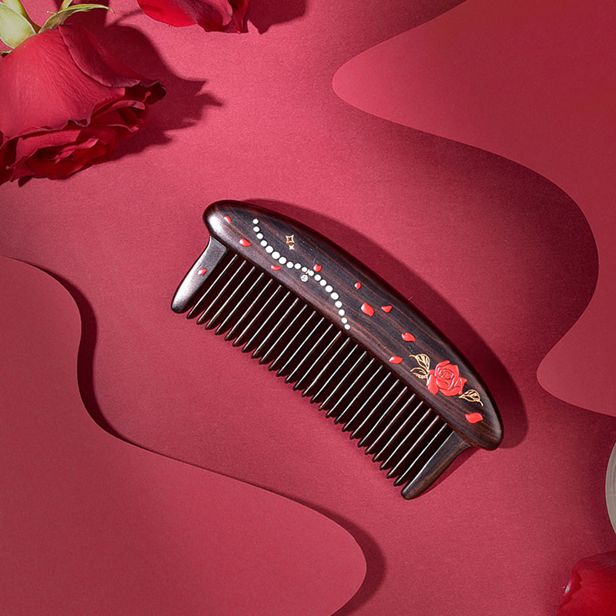 Rose Pattern Wooden Hair Comb for Women - Perfect Gift for Her, Valentine's Day, Anniversary & Special Occasions - Natural Wood Hairbrush for Smoothing & Styling