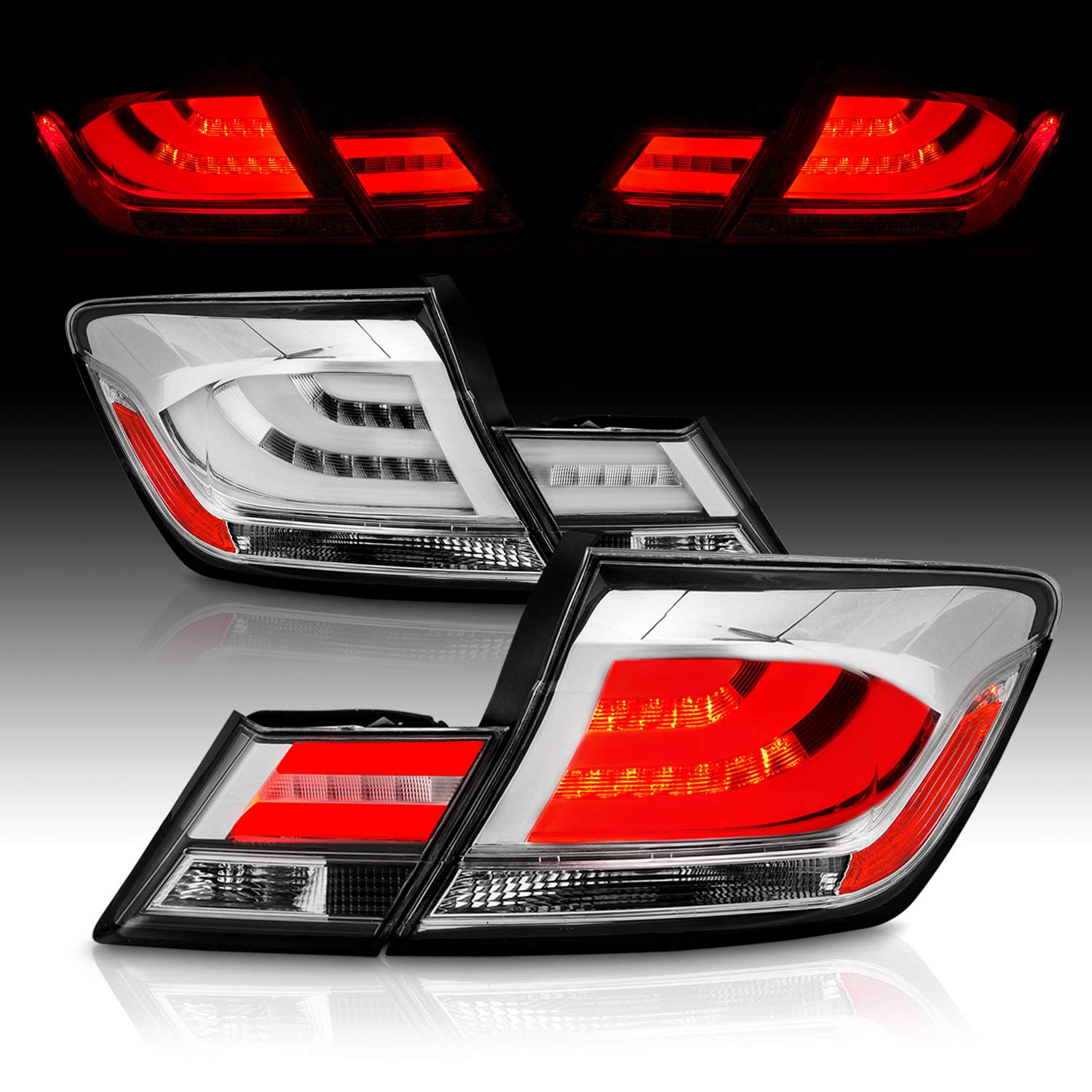 AmeriLite Chrome LED Bar Brake Replacement Tail Lights Set for 2013-2015 Honda Civic Sedan 4-Door - Left & Right Side - Enhanced Visibility & Style for Night Driving