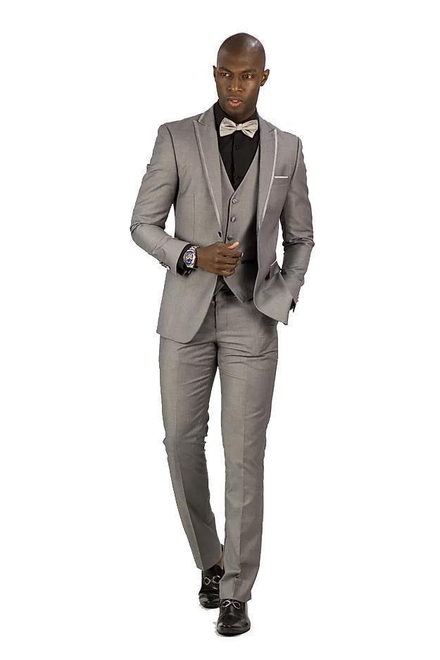 Grey Slim Fit 3-Piece Tuxedo Suit with Trimmed Peak Lapel - Perfect for Weddings, Prom & Formal Events