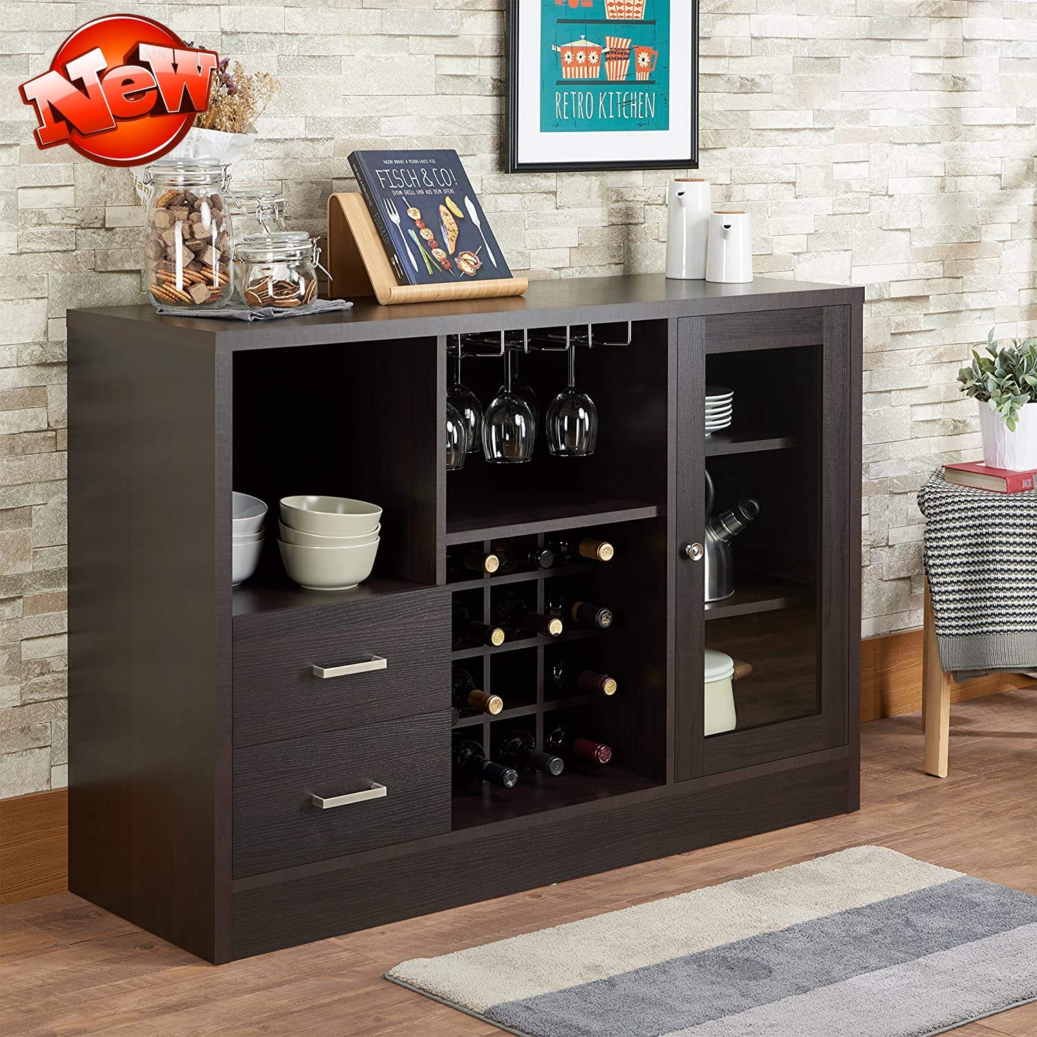 Upgraded Wood Buffet Cabinet with Drawers & Wine Rack - Dining Room & Kitchen Storage (Espresso)