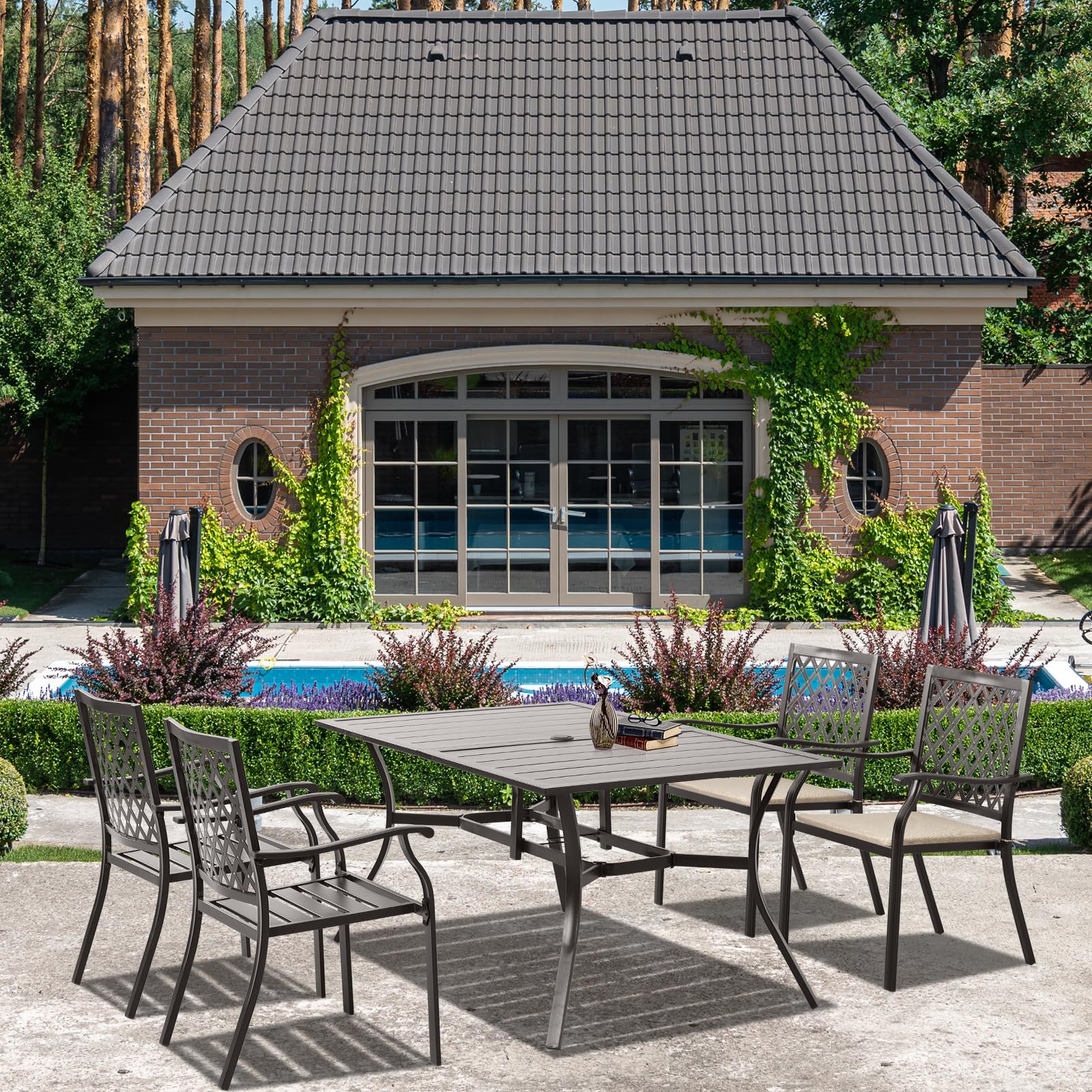 Aoodor 4-Piece Outdoor Stackable Metal Dining Chairs Set with Comfortable Strapped Seat Cushions - Weather-Resistant Patio Furniture for Garden, Backyard, Poolside & Courtyard Dining