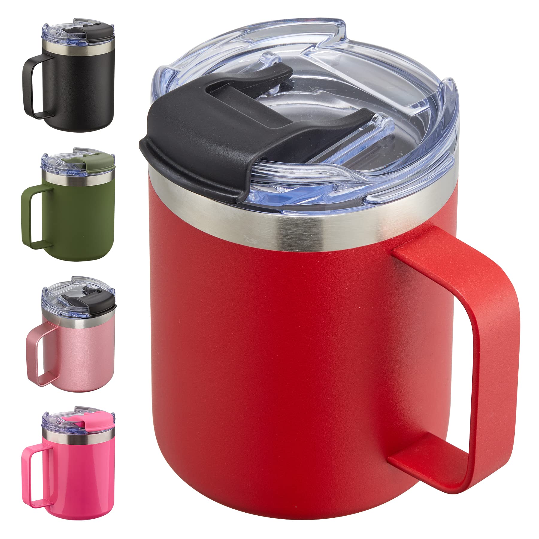 ALOUFEA 12oz Stainless Steel Vacuum Insulated Coffee Mug with Handle & Flip Lid - Double Wall Travel Tumbler for Hot/Cold Drinks - Perfect for Office, Commuting, Camping & Outdoor Activities (Red)