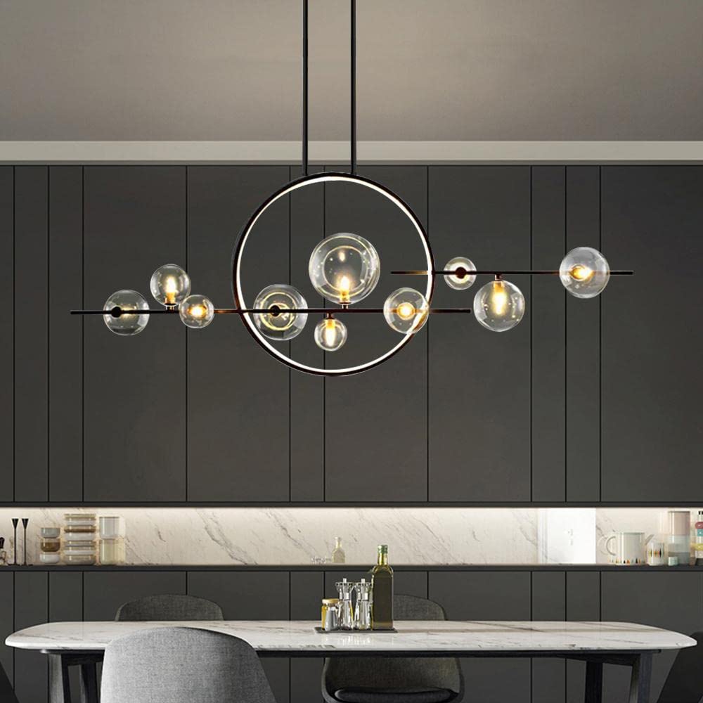 Modern 10-Light Kitchen Island Pendant Lighting with Glass Globe Shade - Linear Sputnik Chandelier for Dining Room, Living Room & Home Decor - Perfect for Farmhouse, Contemporary & Industrial Style Kitchens