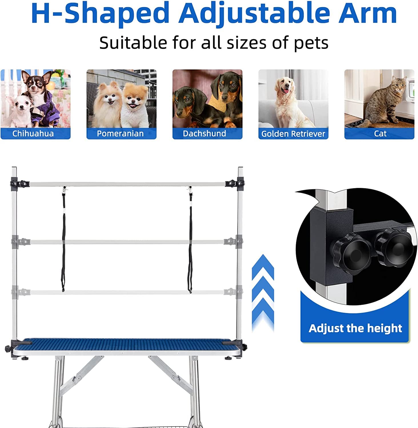 Foldable Stainless Steel Pet Grooming Table for Dogs - Heavy Duty 330lbs Capacity, Adjustable Height with Overhead Arms, Noose & Mesh Tray - 42 Inch Blue Professional Dog Bathing & Drying Station - Perfect for Home Grooming, Pet Salons & Veterinary Clinics