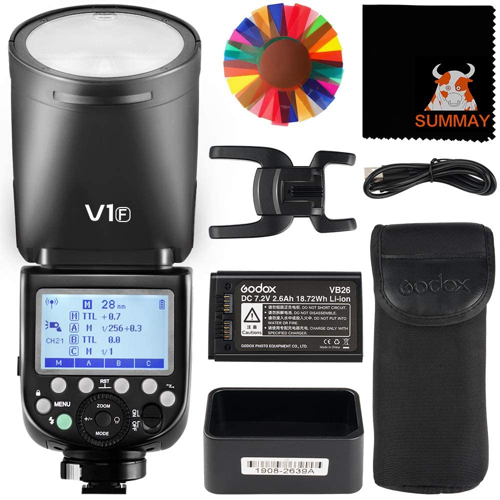 GODOX V1-F TTL Round Head Camera Flash with 2W LED Modeling Light – High-Speed Sync 1/8000s, 480 Full Power Flash, 5600±200K Color Temperature – Quick Release Lock for FUJIFILM Cameras – Perfect for Wedding, Portrait & Event Photography