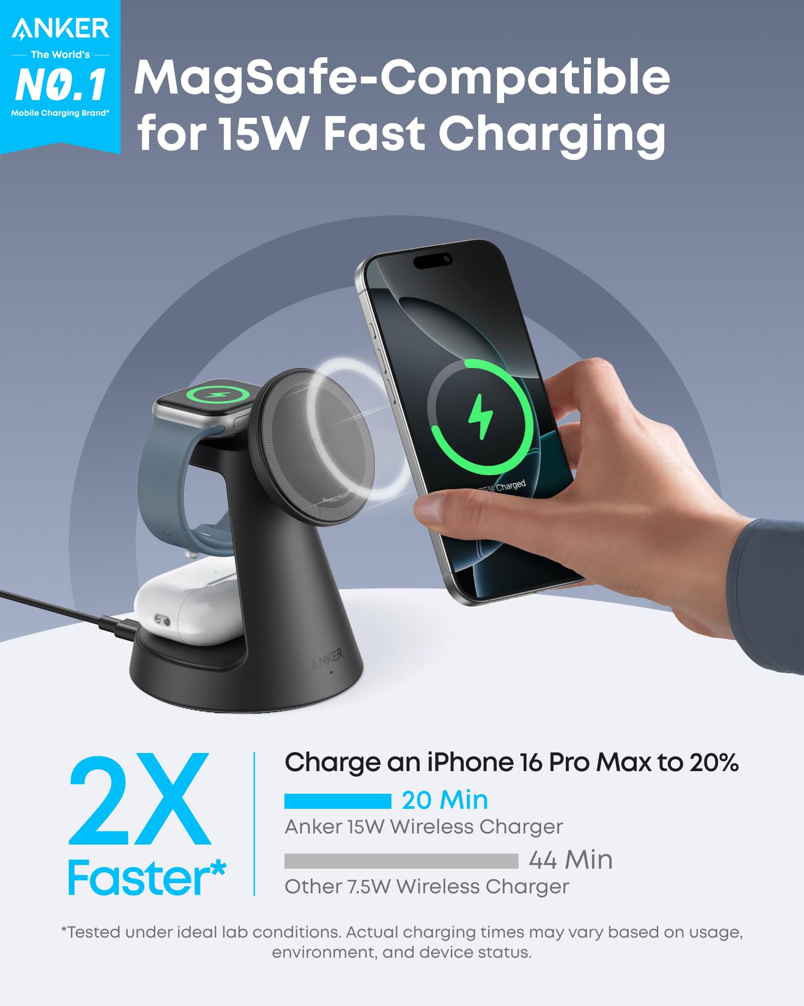 Anker MagGo 3-in-1 Magnetic Wireless Charging Station - Qi2 Certified 15W Fast Charger for iPhone 16/15/14/13/12 Series, Apple Watch & AirPods - Includes Power Adapter | Perfect for Home, Office & Travel Use