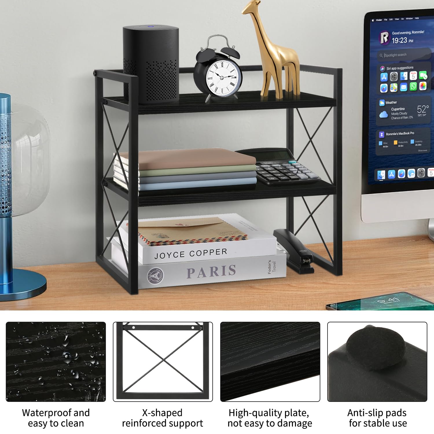 YINMIT 2-Tier Wooden Desktop Shelf Organizer - Black Office Desk Storage Rack & Freestanding Display Shelf for Home, Dorm, Workspace | Perfect for Organizing Books, Supplies & Decor