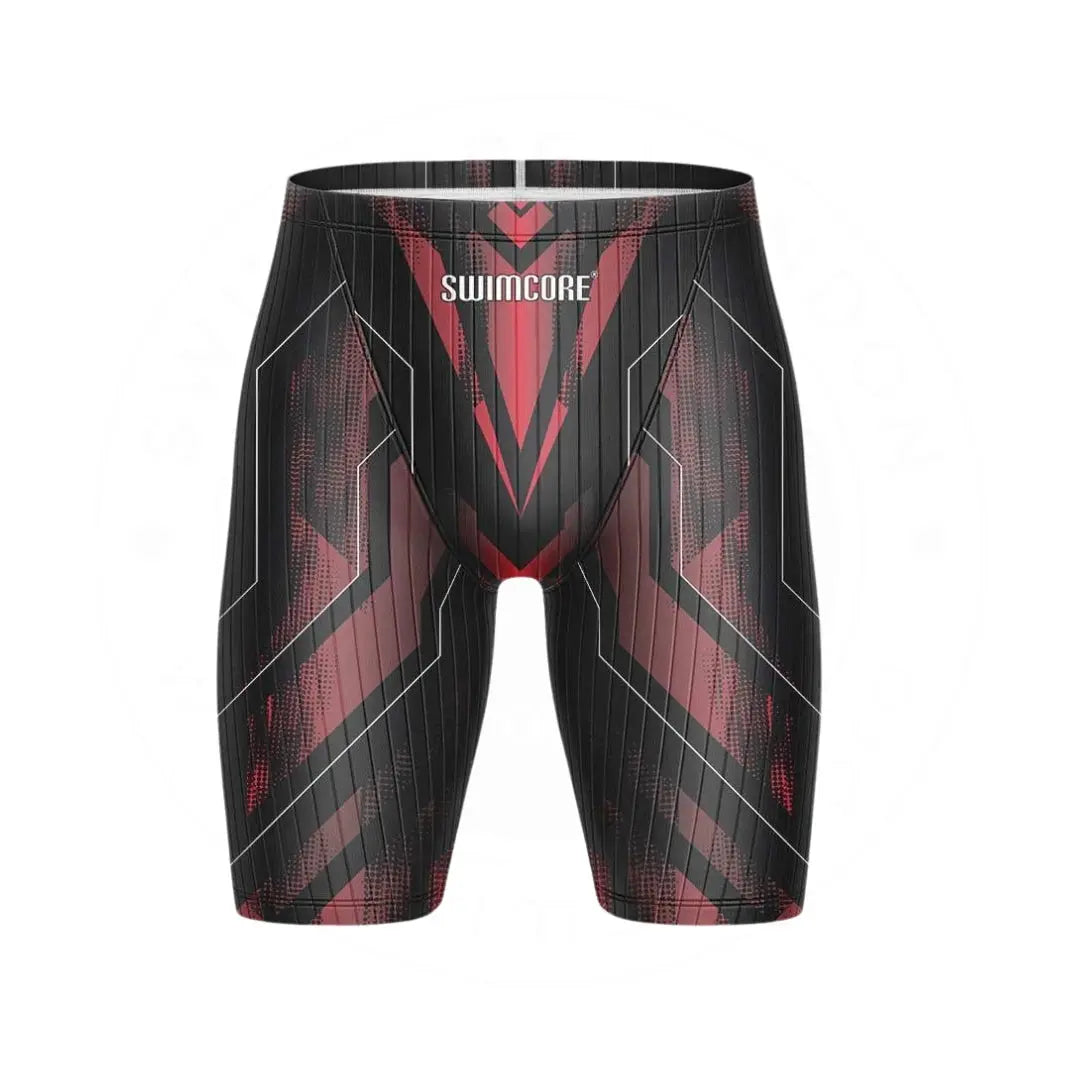 Men's Performance Swim Jammer - Quick Dry Swimwear for Competitive Swimming & Training | Swimcore Boy's & Men's Swim Trunks in Scarlet Vortex Design | Ideal for Lap Swimming, Water Polo & Beach Activities