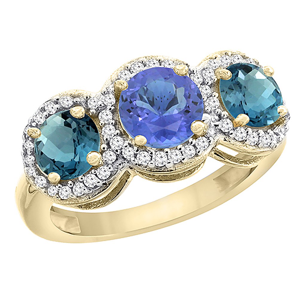 14K Yellow Gold Tanzanite & London Blue Topaz Three Stone Ring with Diamond Accents - Size 5-10 | Elegant Anniversary, Engagement & Wedding Jewelry Gift for Her