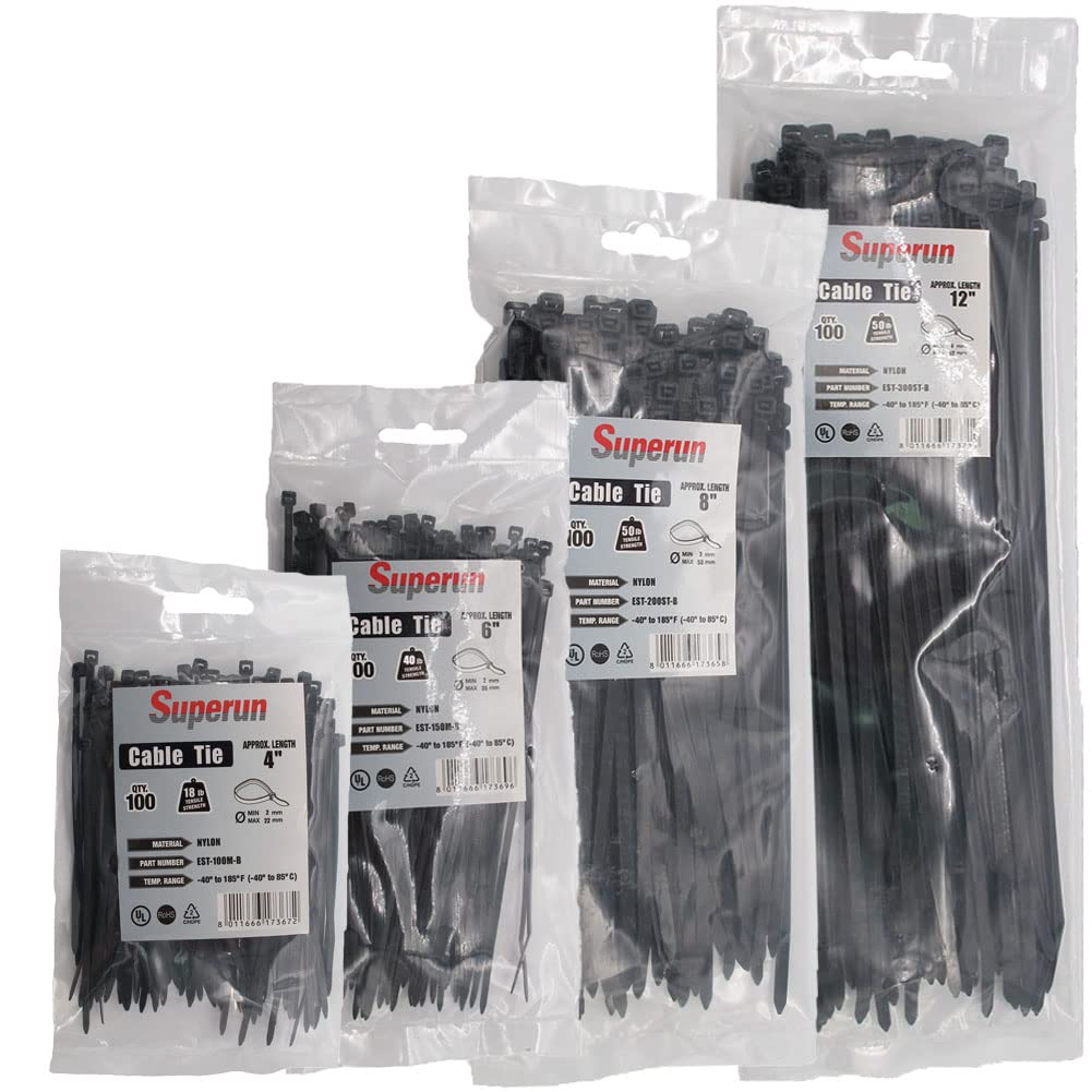 Superun 400 Packs Black Zip Ties Assorted Sizes 4/6/8/12 Inch - Heavy Duty Cable Ties Set for Organizing Wires, Cables & DIY Projects - Ideal for Home, Office & Industrial Use