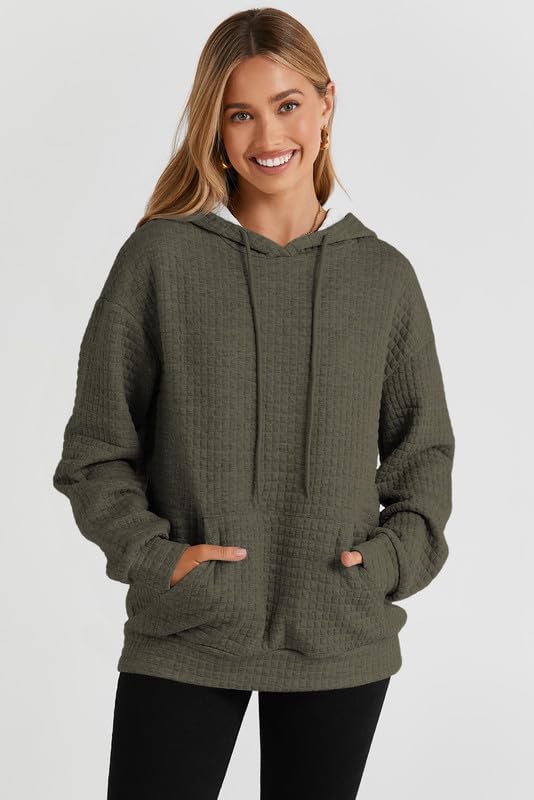 SHEWIN Women's Casual Long Sleeve Waffle Pullover Hoodie with Drawstring & Pocket - Loose Fit Hooded Sweatshirt for Everyday Wear, Lounge & Outdoor Activities