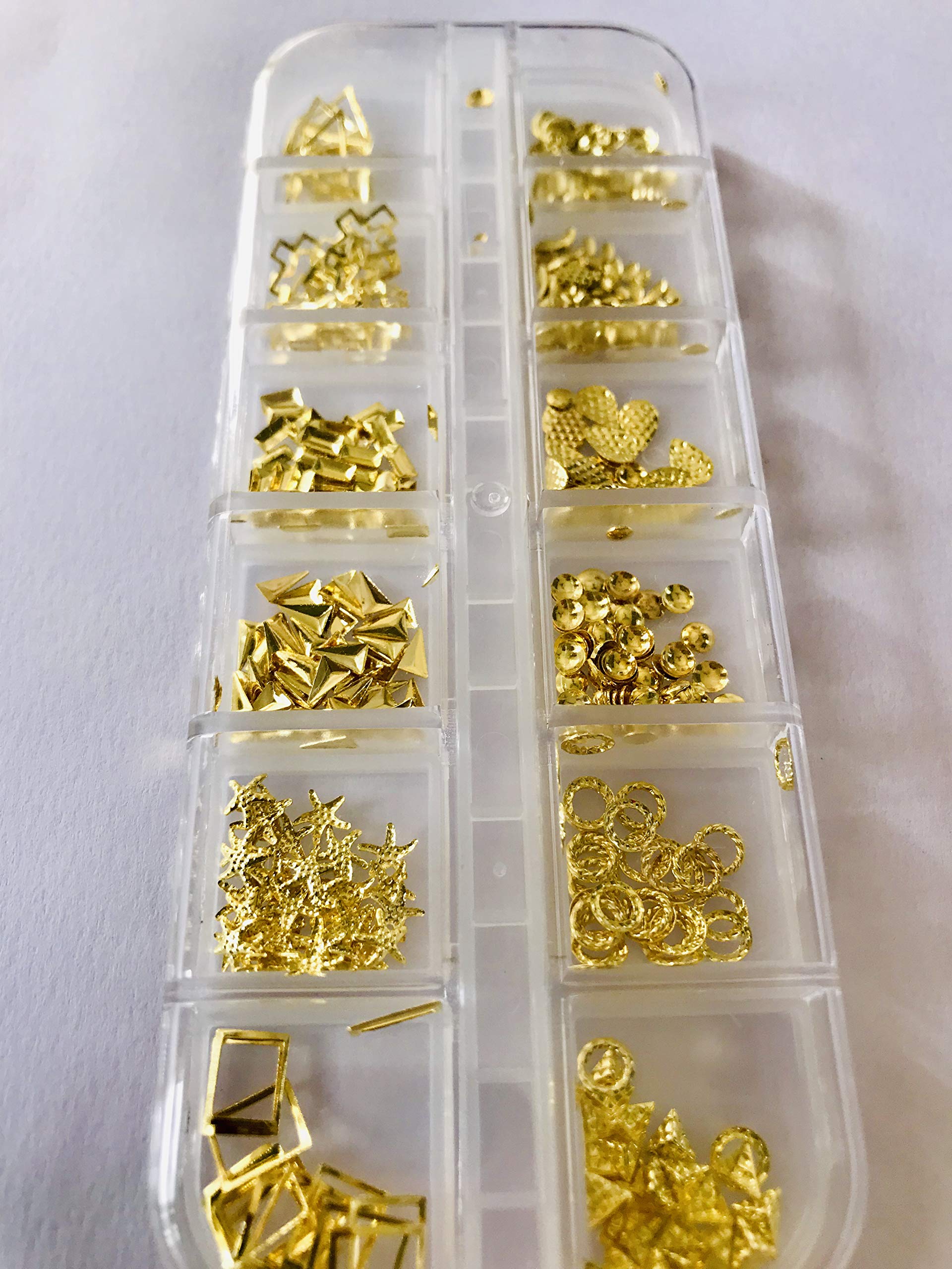 Premium Crystal Nail Art Rhinestones - Flatback Acrylic Nail Decorations for 3D Nails (12 Gold Metal Stud Patterns) - Perfect for DIY Manicures, Salon Nail Designs & Party Glam Looks