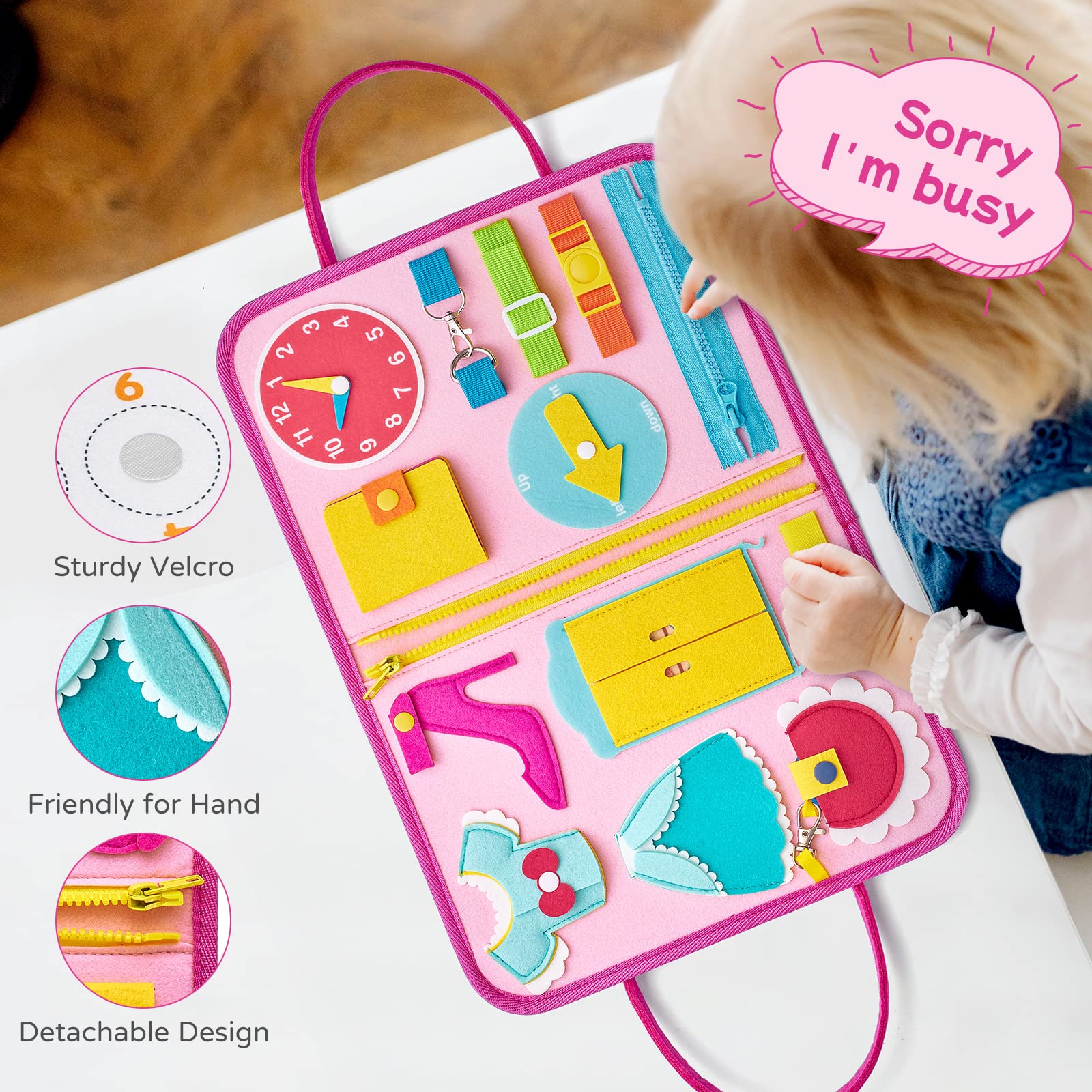 Freebear Busy Board - Montessori Sensory Toys for Toddlers 2 3 4 Years Old, Educational Travel Activity Toy for Boys & Girls, Perfect Gift for 2 Year Olds - Great for Airplane Rides, Road Trips & Quiet Playtime at Home