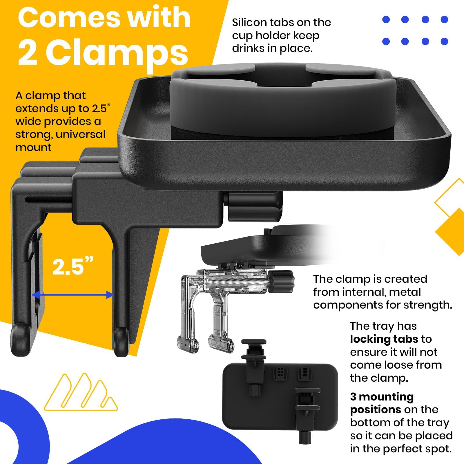 Adjustable Travel Tray Organizer with Universal Quick-Attach Clamps - Perfect for Car Seats, Strollers, Wagons & Armrests - Keep Snacks, Toys & Essentials Handy on Road Trips & Family Outings