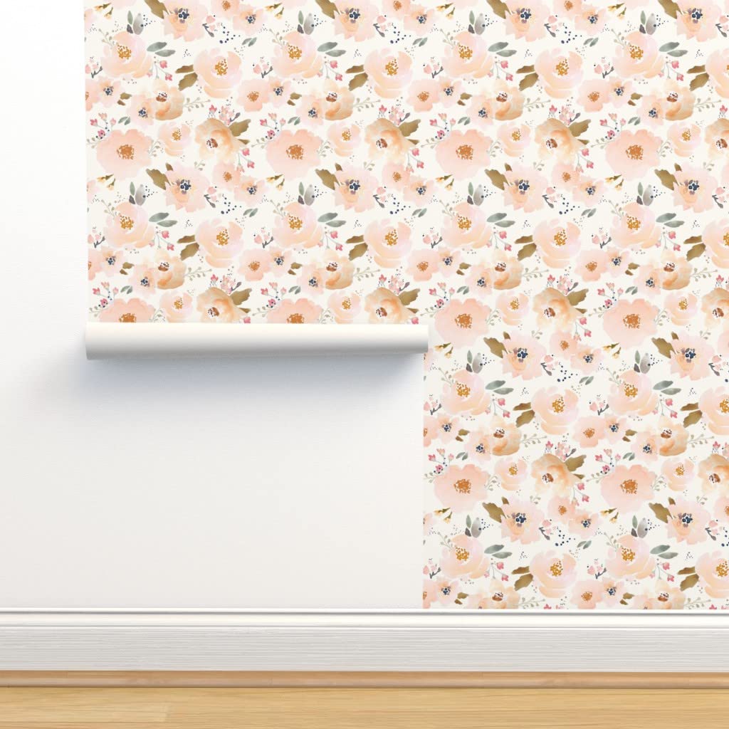 Peel & Stick Removable Wallpaper 12ft x 2ft - Bloom Blossoms Baby Pink Floral Watercolor Design | Nursery, Bedroom, Kids Room Decor | Easy DIY Home Decor by Spoonflower