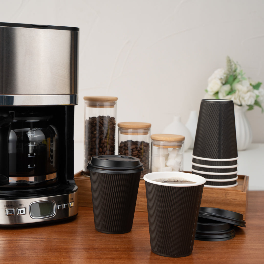 8 oz Black Paper Ripple Wall Coffee Cups with Black Lids - 3.5
