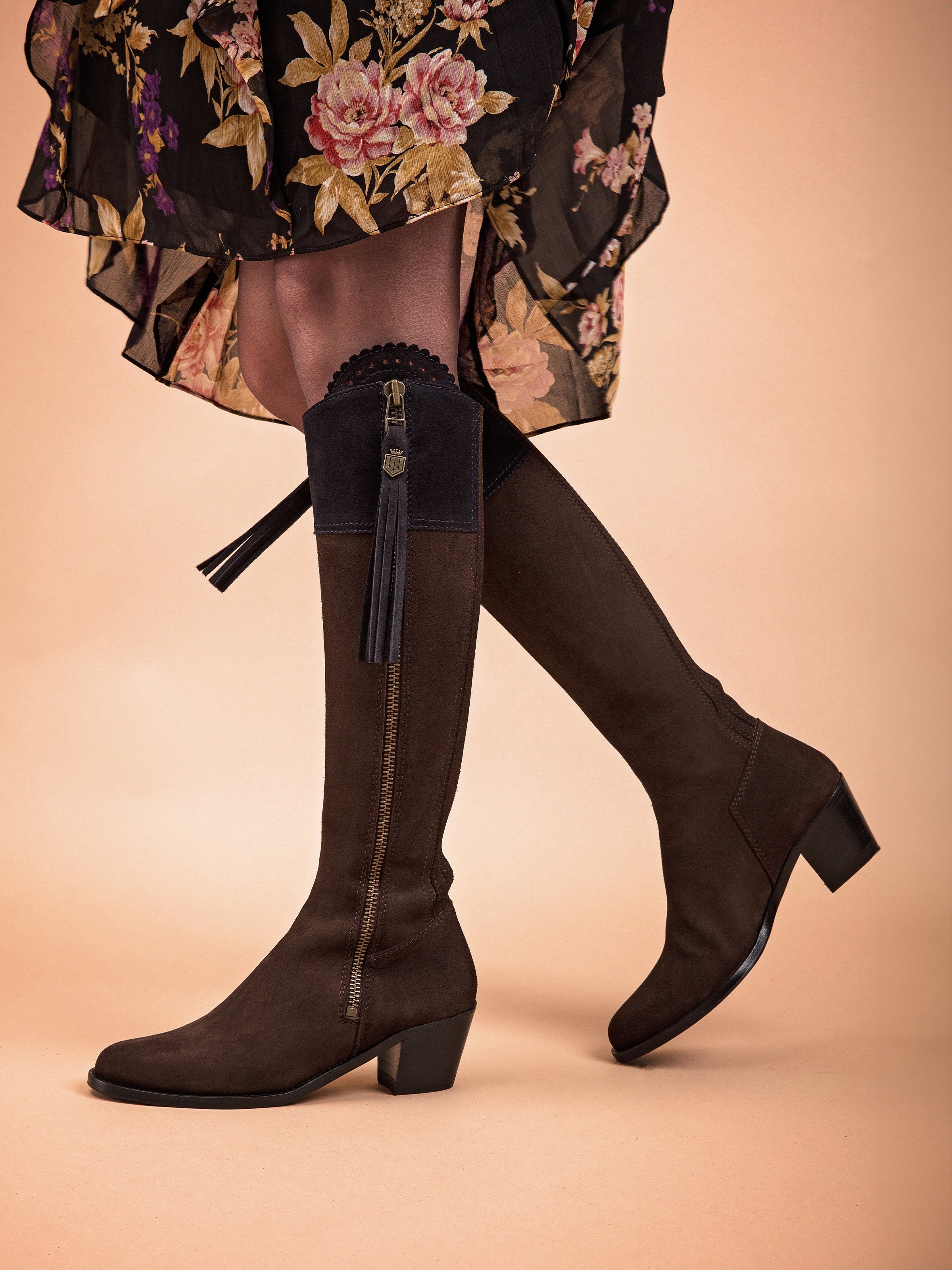 Regina Heeled Boots for Women - Comfortable & Stylish Chocolate & Navy Suede Shoes - Perfect for Work, Date Night & Casual Outings
