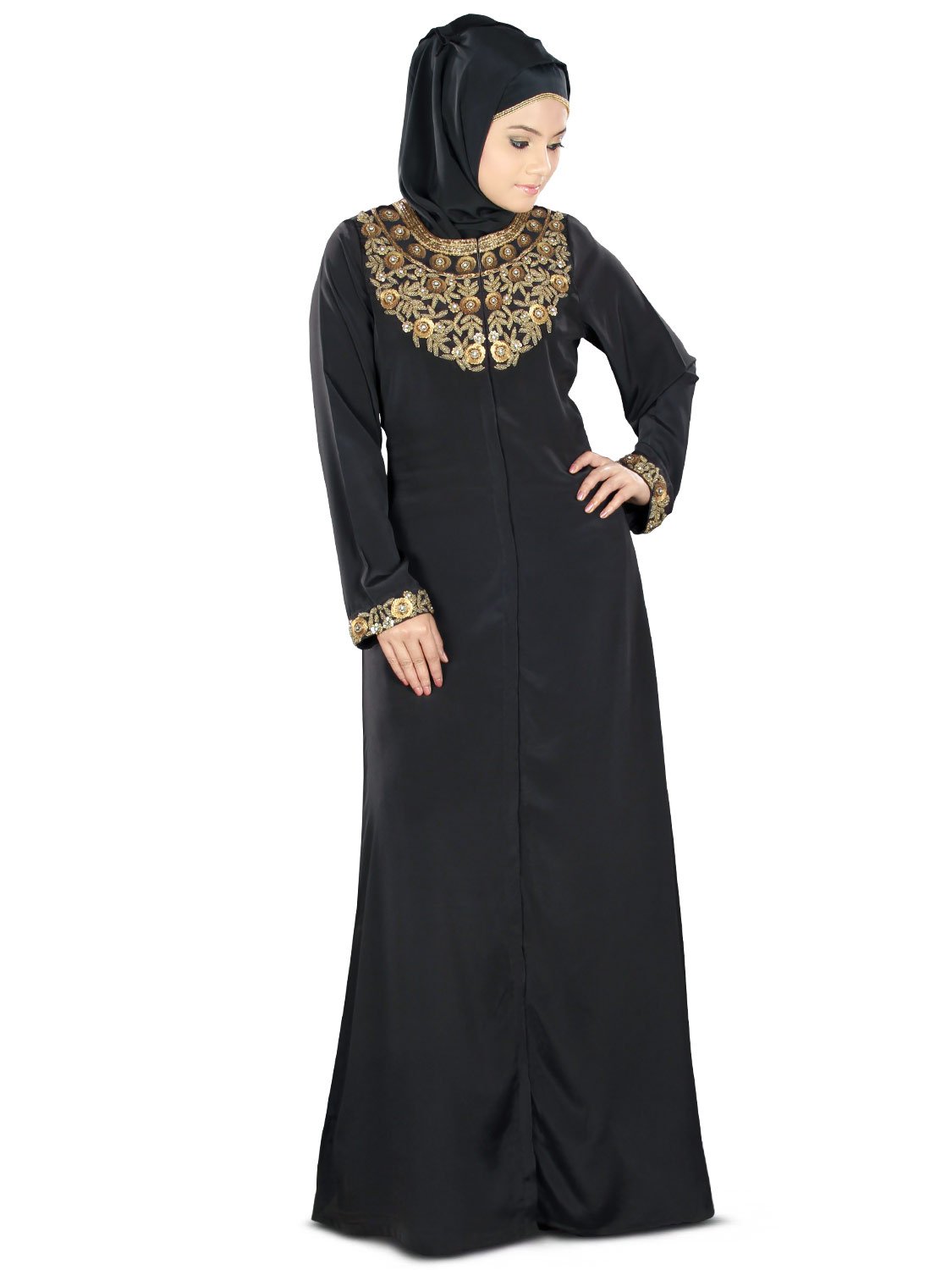 Women's Fiddah Gold Hand Embroidered Open Front Black Abaya Burqa - Elegant Islamic Prayer Dress for Mosque & Special Occasions