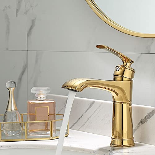 Luxury Solid Brass Bathroom Sink Faucet - Gold European Style Basin Mixer Tap with Solid Copper Construction - Perfect for Modern Bathrooms, Powder Rooms & Vanity Sinks (Gold Short)