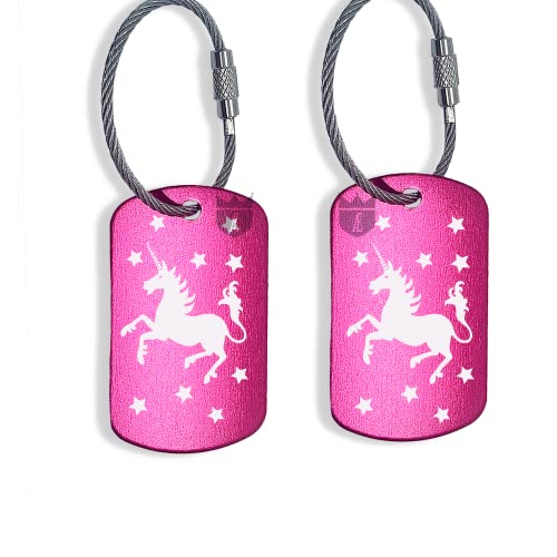 2 Pack Customizable Unicorn Luggage Tags for Girls - Laser Engraved Aluminum ID Tags (Pink & Purple) - Perfect for Travel, Backpacks & Suitcases | Durable & Stylish Kids' Luggage Accessories