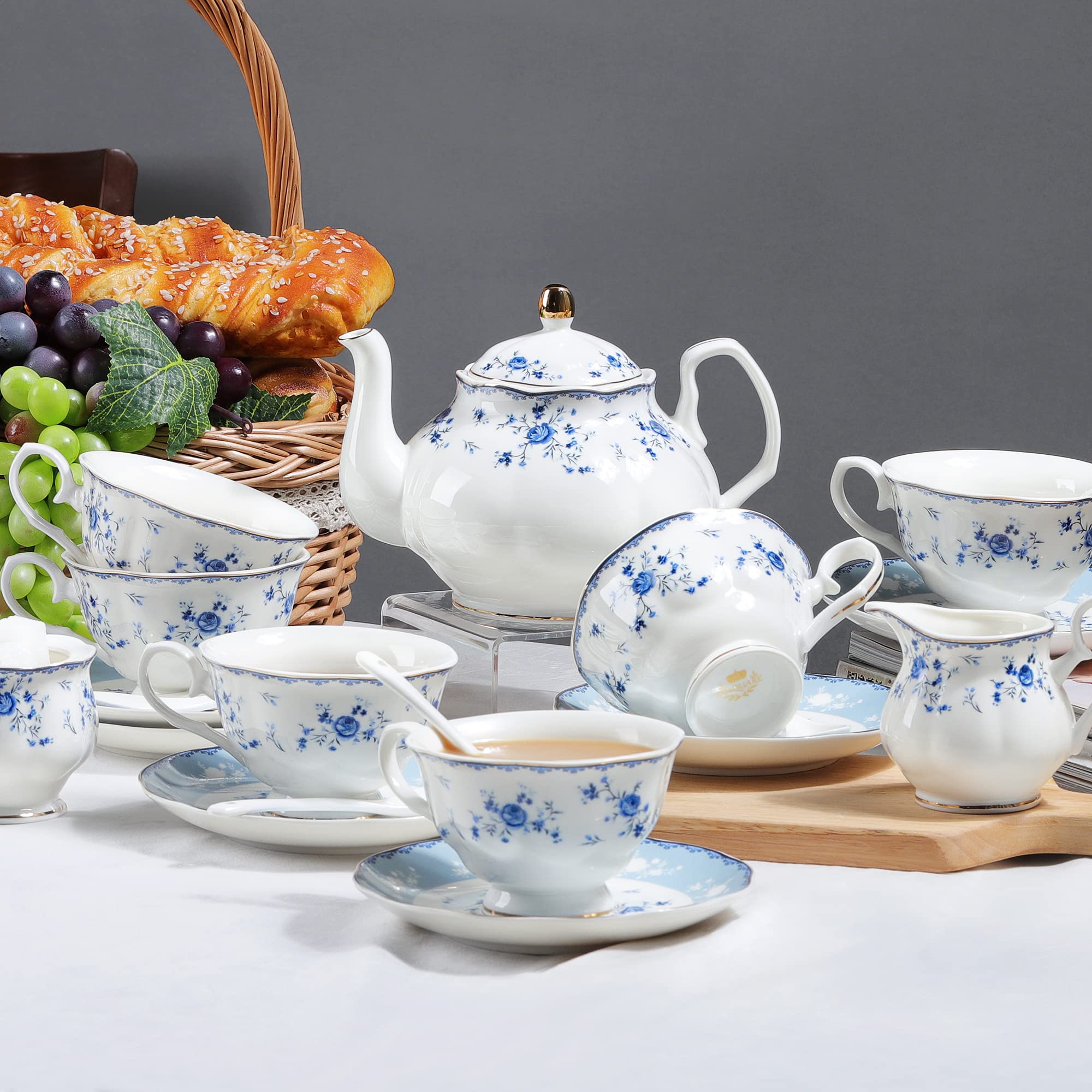 Fanquare 21-Piece Floral Porcelain Tea Set - British Style Tea Cup & Saucer Set for 6, Elegant Blue Roses Tea Party Collection - Perfect for Afternoon Tea, Bridal Showers & Mother's Day Gifts