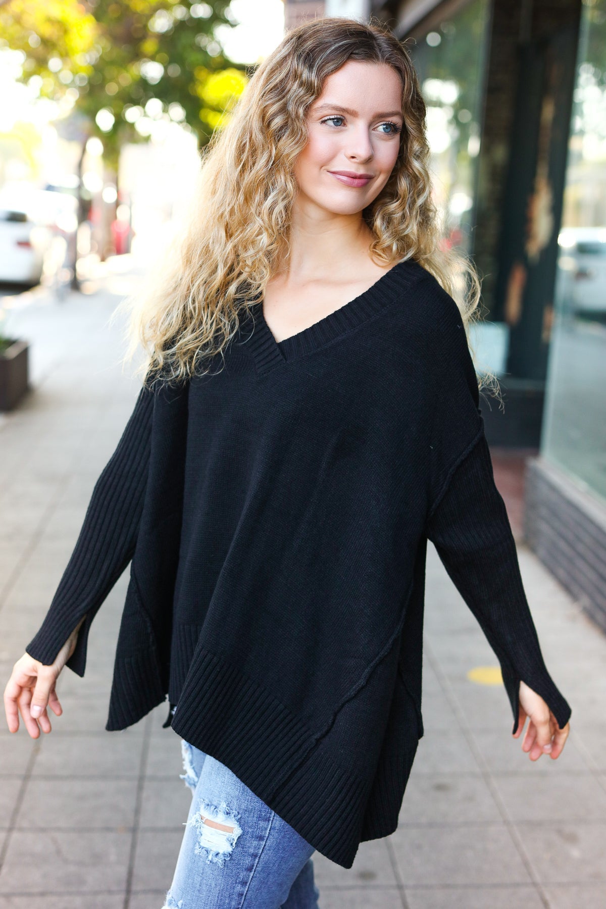 Stylish Black Oversized V-Neck Ribbed Knit Sweater for Women - Cozy & Trendy Fall Winter Pullover for Casual Outings & Layering