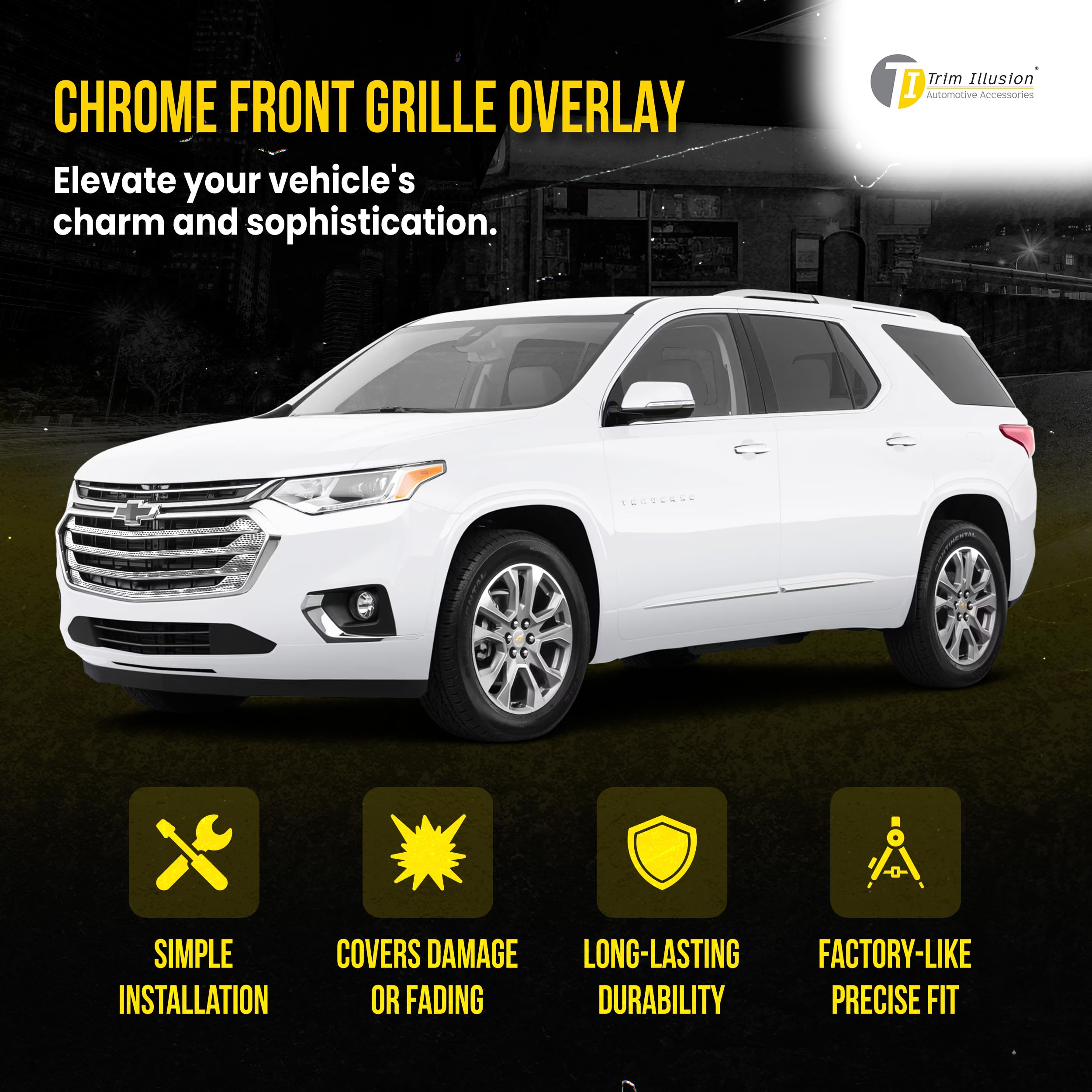 2018-2021 Chevrolet Traverse Chrome Front Grille Overlay with 3M Adhesive Tape - Fits With/Without Camera | Easy No-Tool Installation | US Patented | Upgrade Your SUV's Style for Daily Commute & Road Trips